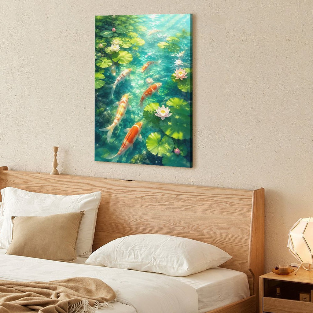 Koi Fish Lotus Pond Framed Canvas Wall Art | Japanese Zen Garden Nature Print