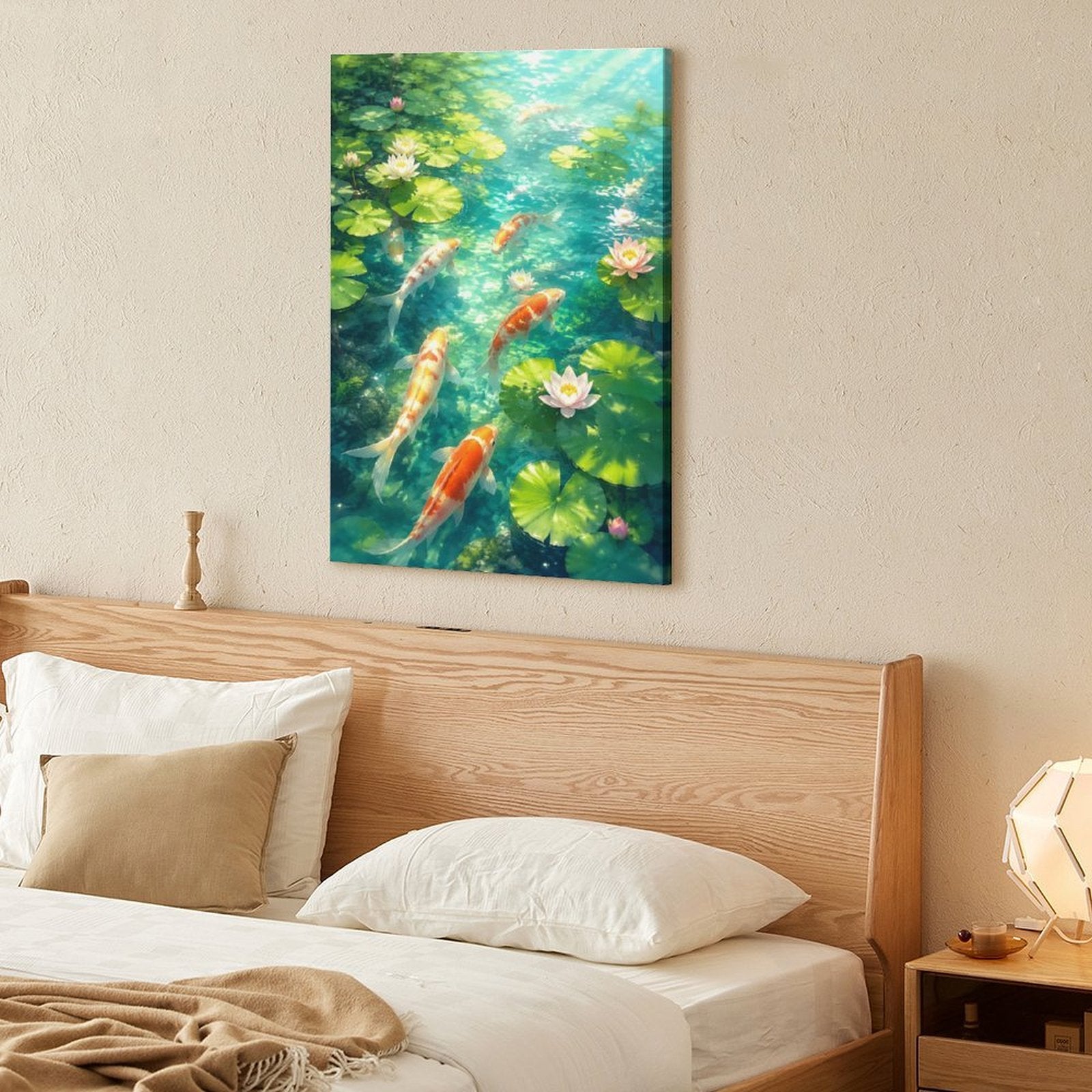 Koi Fish Lotus Pond Framed Canvas Wall Art | Japanese Zen Garden Nature Print