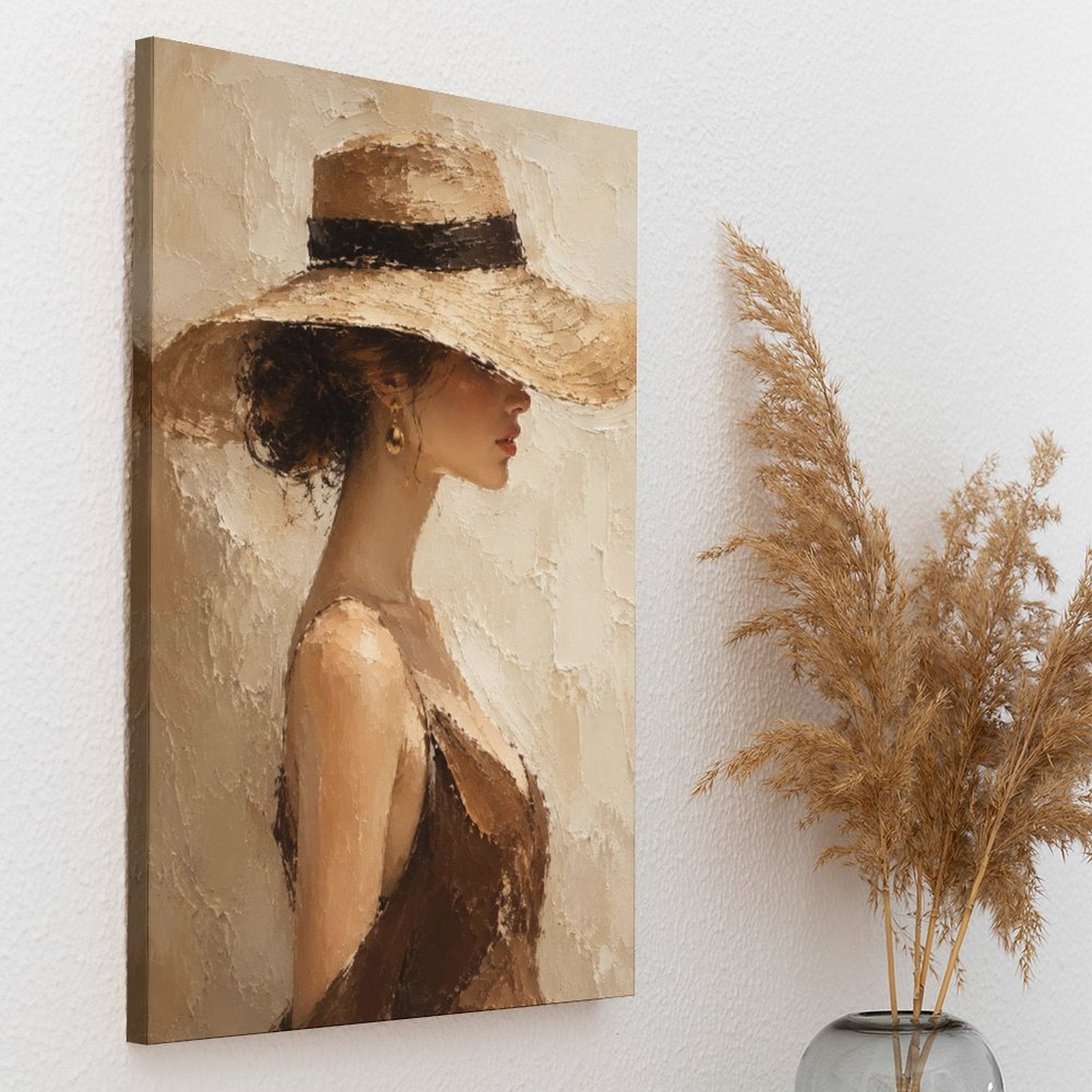 Elegant Woman Wide Brim Hat Textured Framed Canvas Wall Art | Neutral Figurative Portrait Print