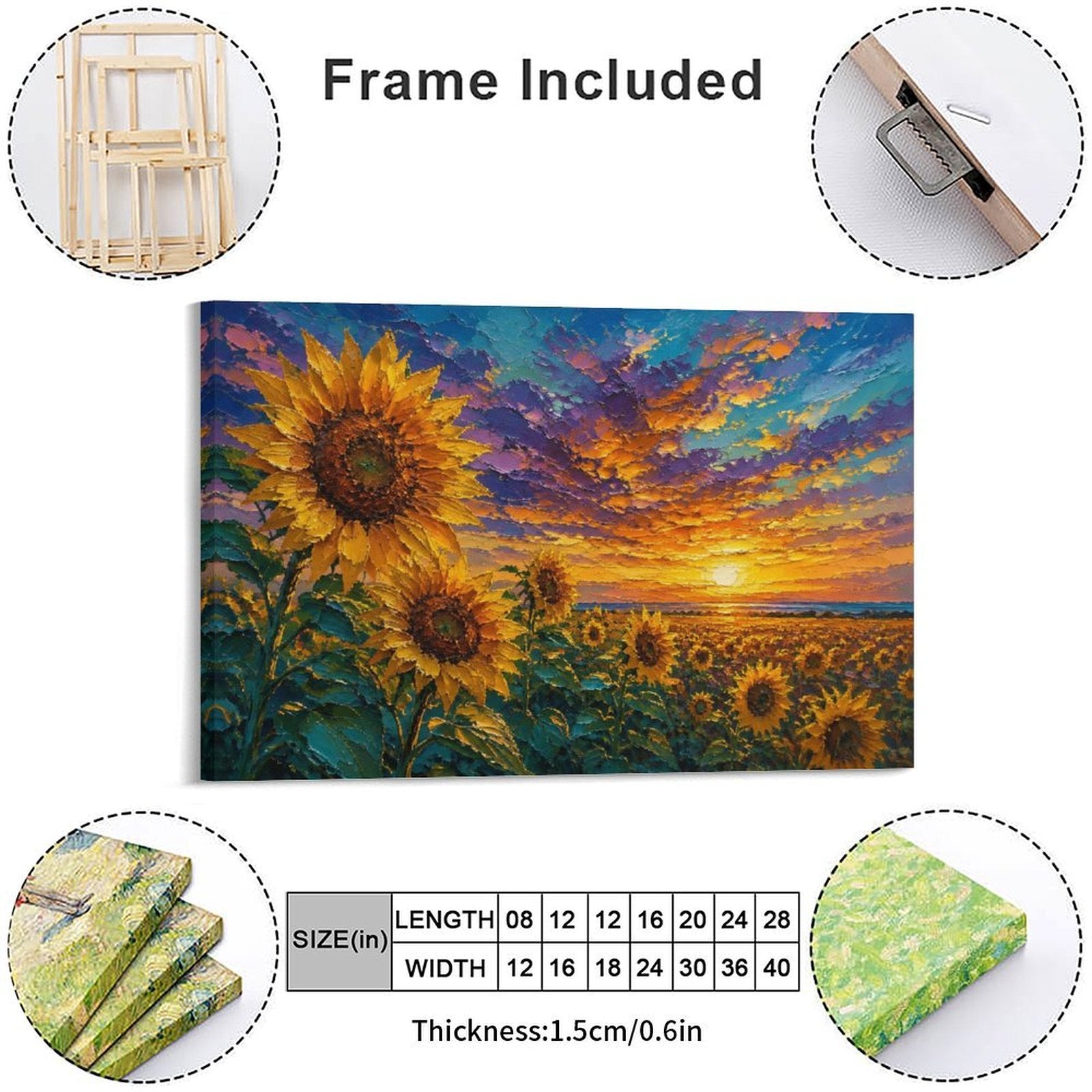 Sunflower Field Sunset Framed Canvas Wall Art | Impressionist Floral Landscape Print