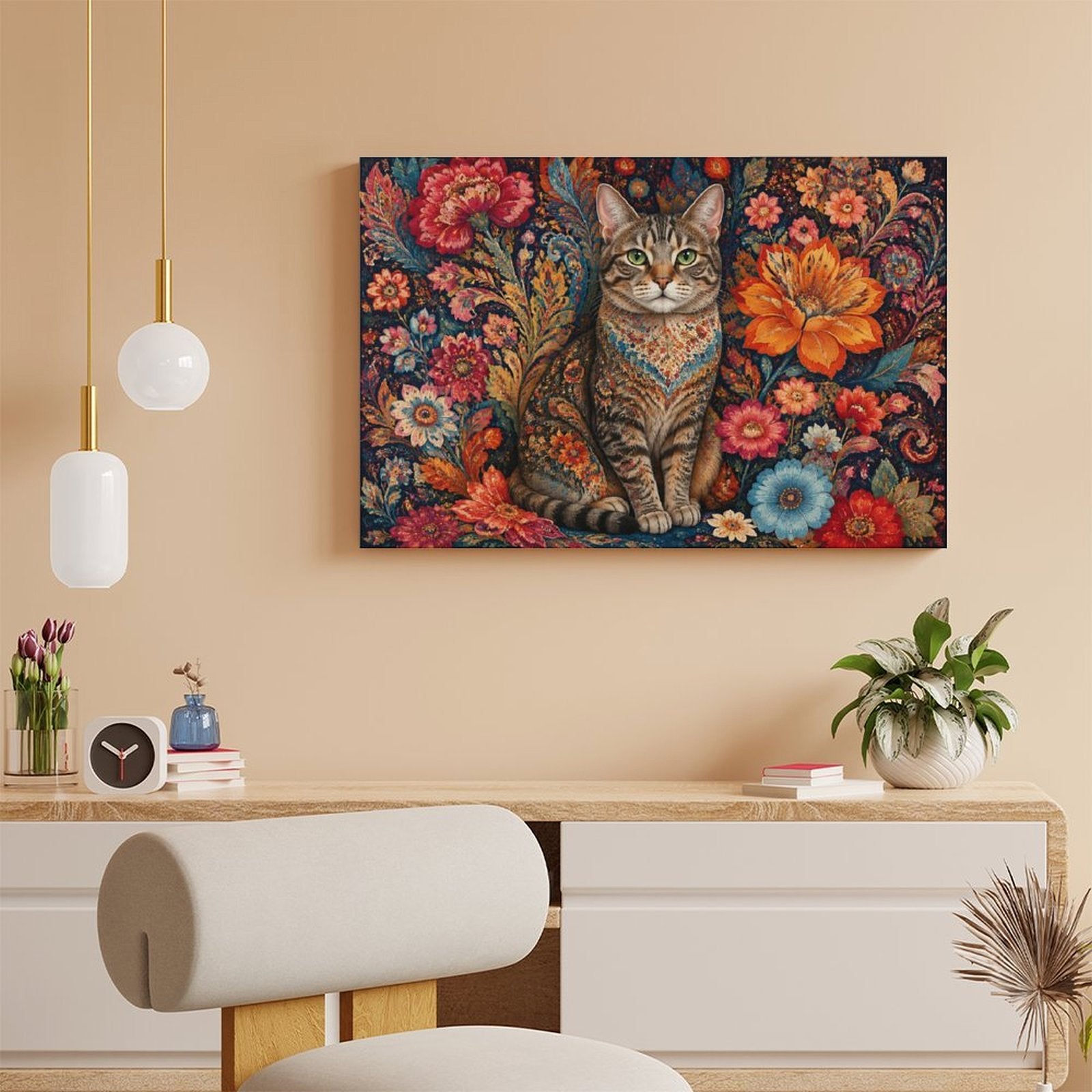 Persian Floral Tabby Cat Framed Canvas Wall Art | Folk Art Botanical Animal Print