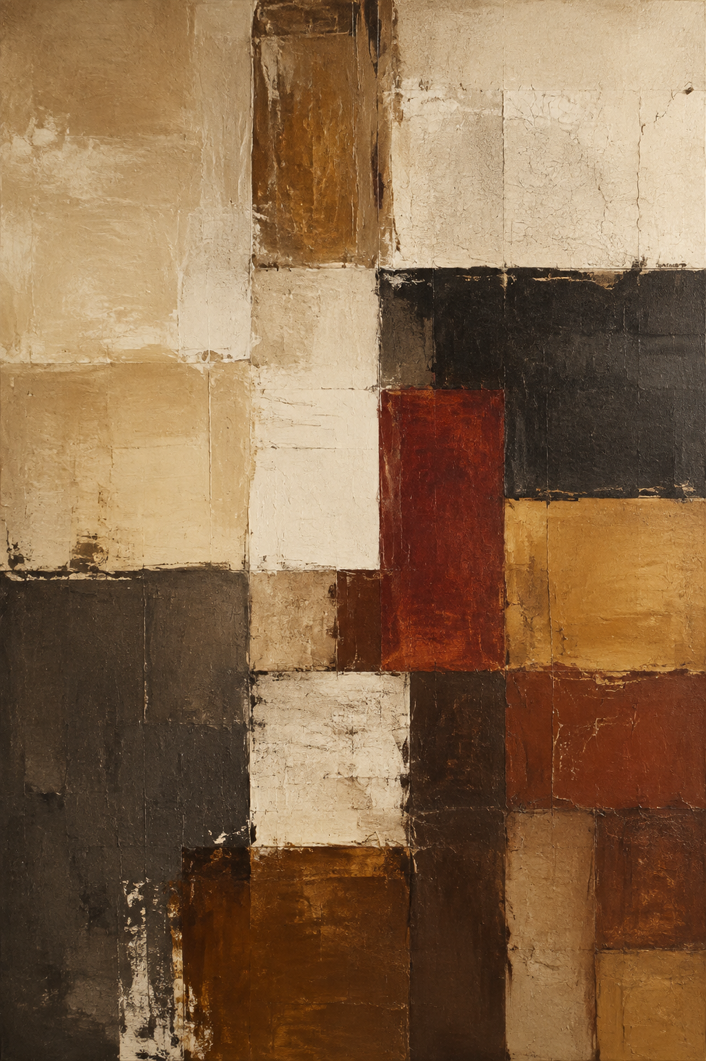 Earth Tone Geometric Block Abstract Textured Framed Canvas Wall Art | Mondrian-Style Neutral Print