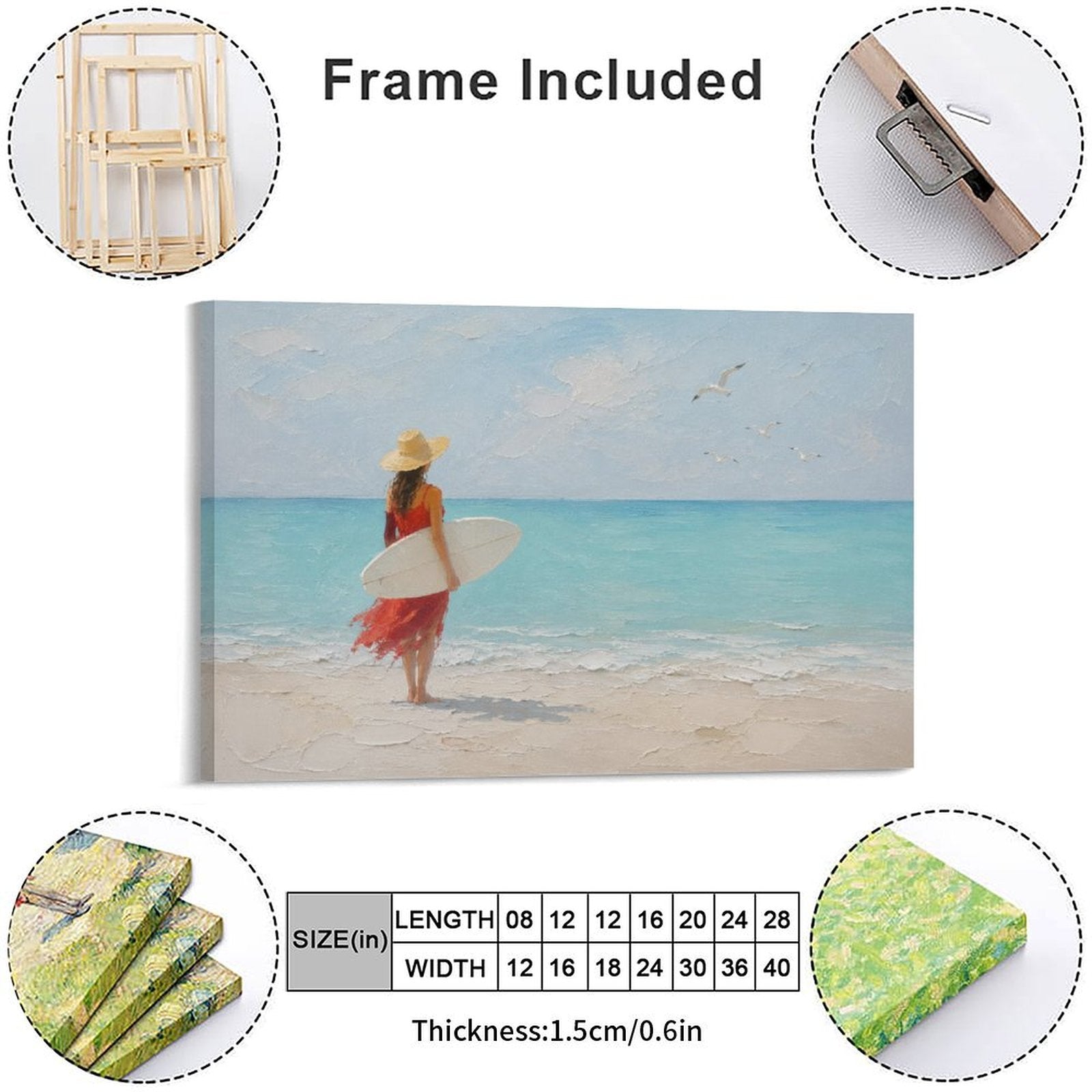 Red Dress Woman Surfer Beach Framed Canvas Wall Art | Coastal Figurative Ocean Print