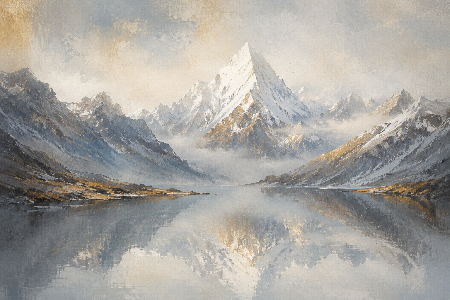 Misty Snow Mountain Lake Reflection Framed Canvas Wall Art | Nordic Minimalist Landscape Print