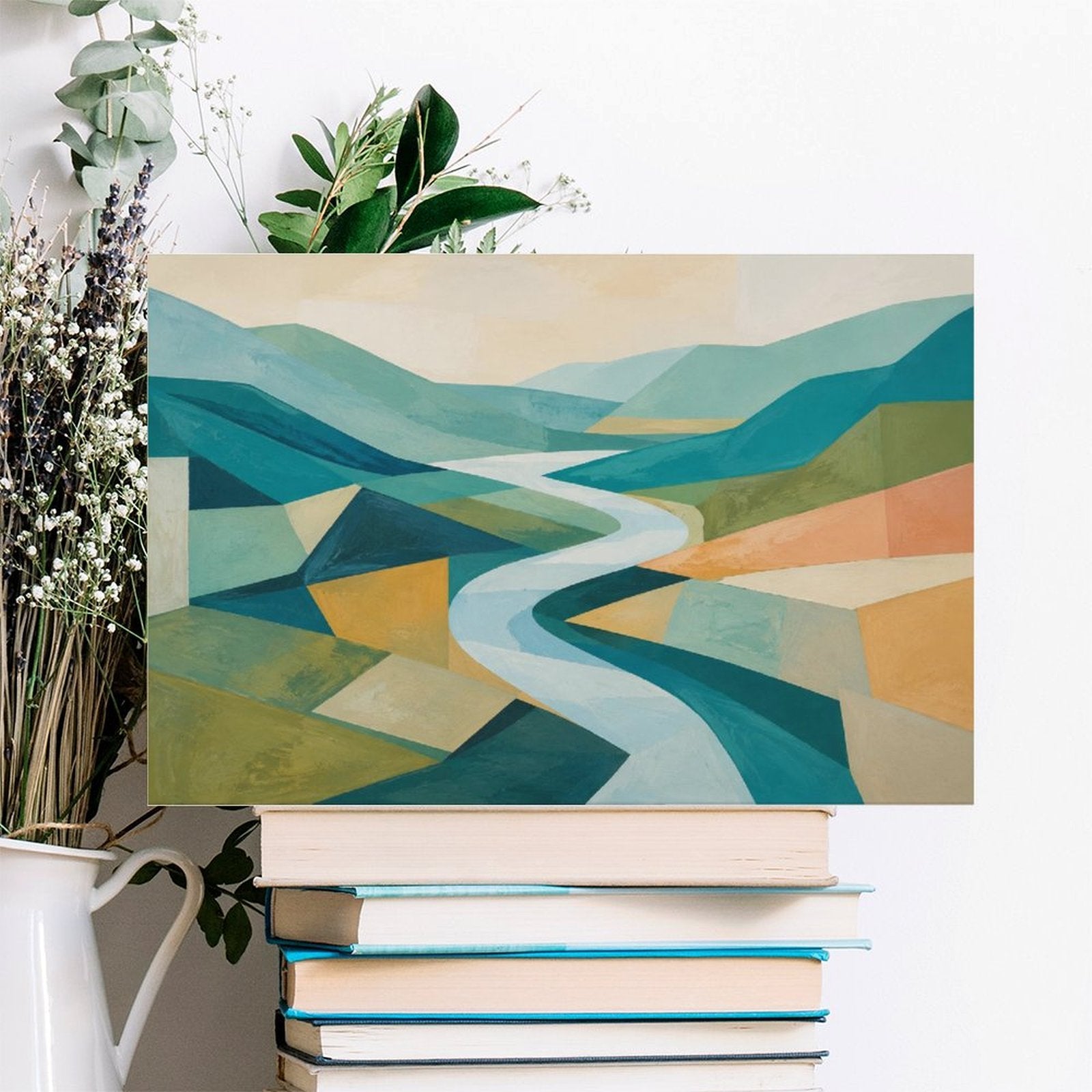 Geometric Abstract Valley River Framed Canvas Wall Art | Mid-Century Modern Landscape Print