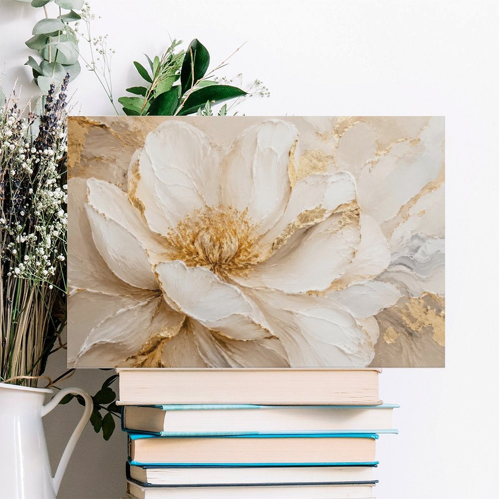 White Peony Gold Accent Close-Up Framed Canvas Wall Art | Luxury Floral Textured Print
