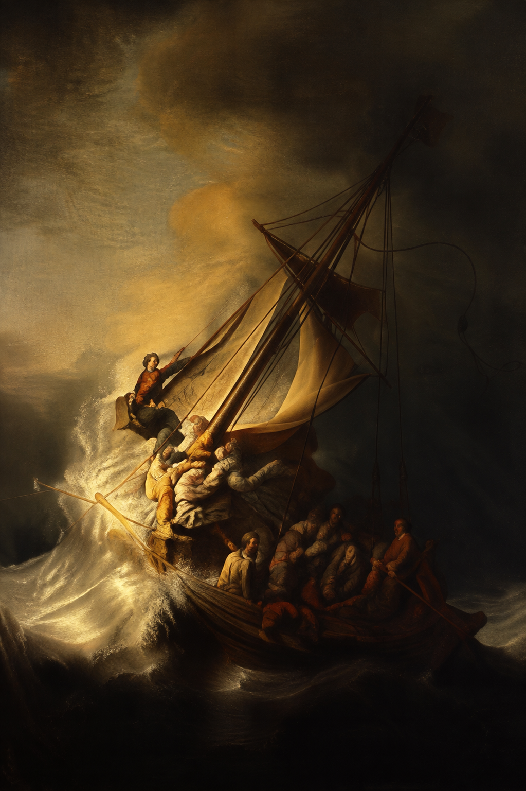 Christ in the Storm on the Sea of Galilee Framed Canvas Wall Art | Rembrandt-Style Baroque Religious Print