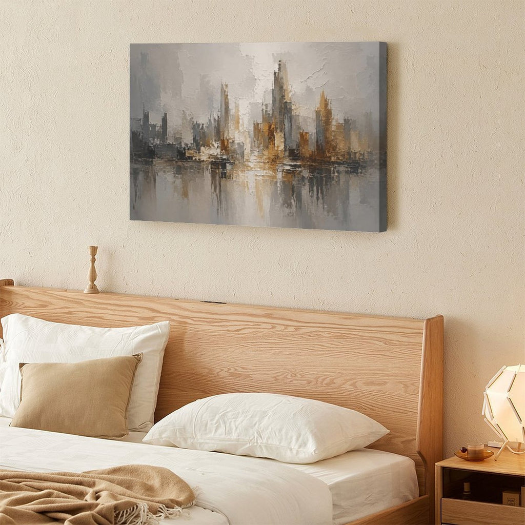 Abstract City Skyline Gold Grey Framed Canvas Wall Art | Modern Urban Textured Landscape Print