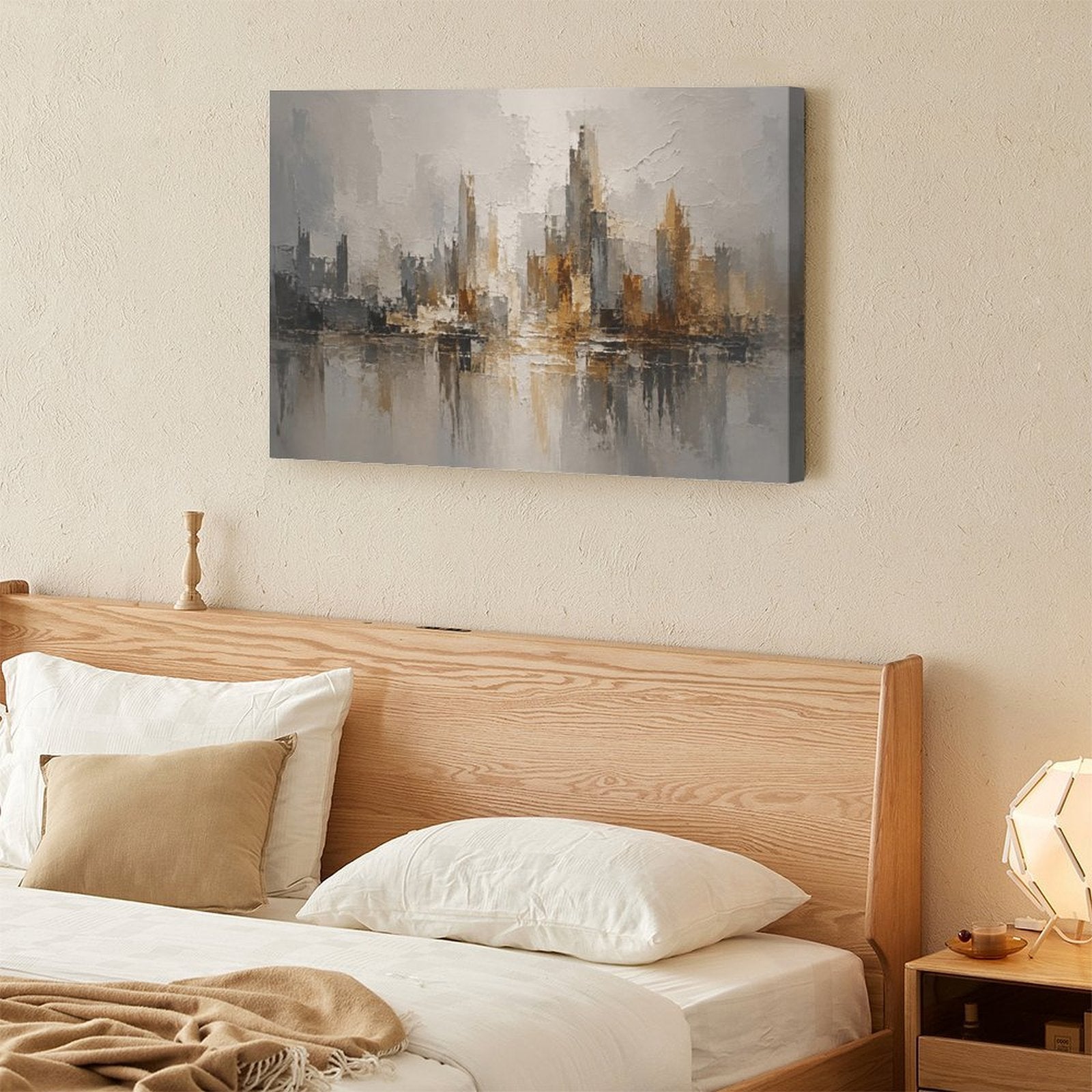 Abstract City Skyline Gold Grey Framed Canvas Wall Art | Modern Urban Textured Landscape Print