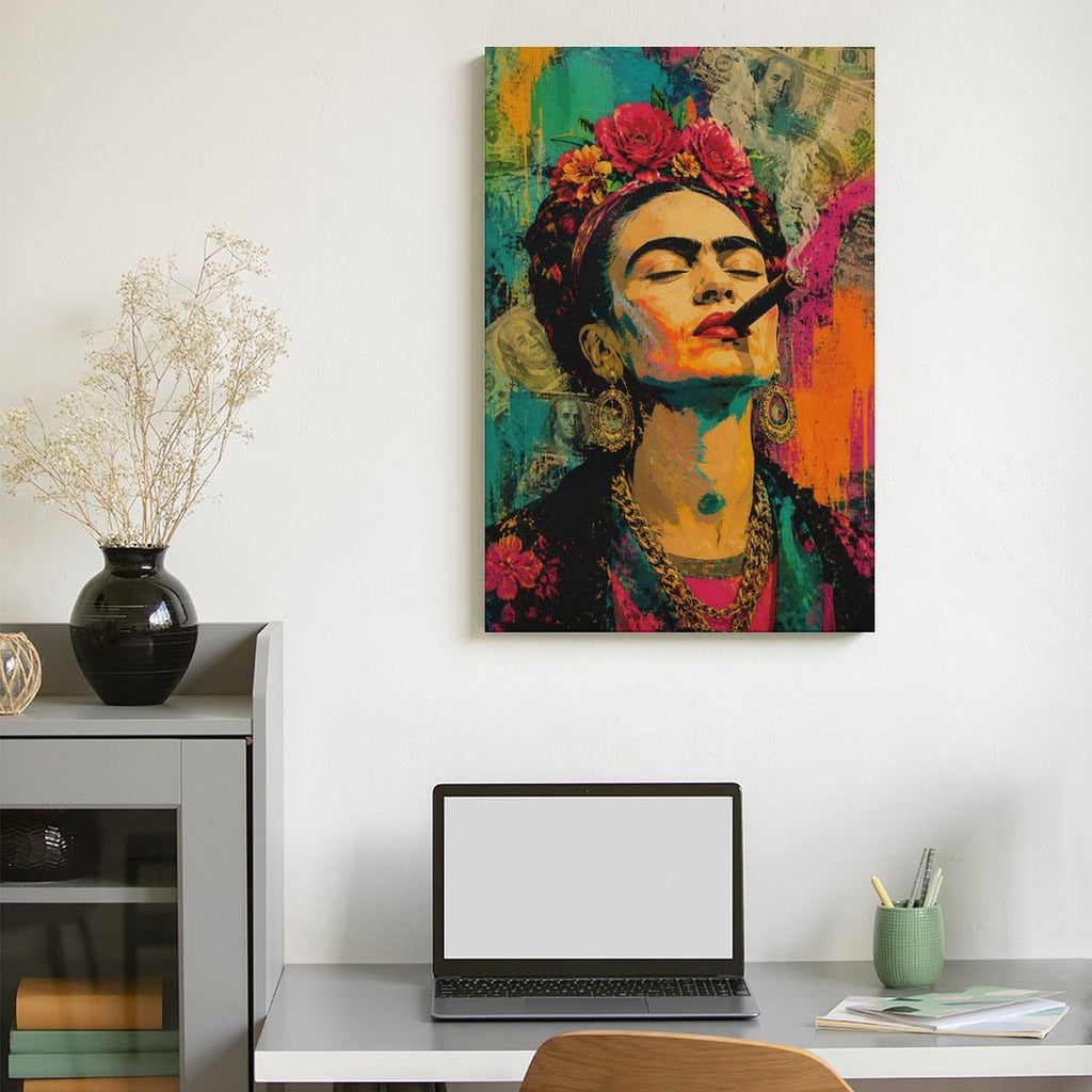 Frida-Style Pop Art Woman with Cigar Framed Canvas Wall Art | Bold Feminist Portrait Print