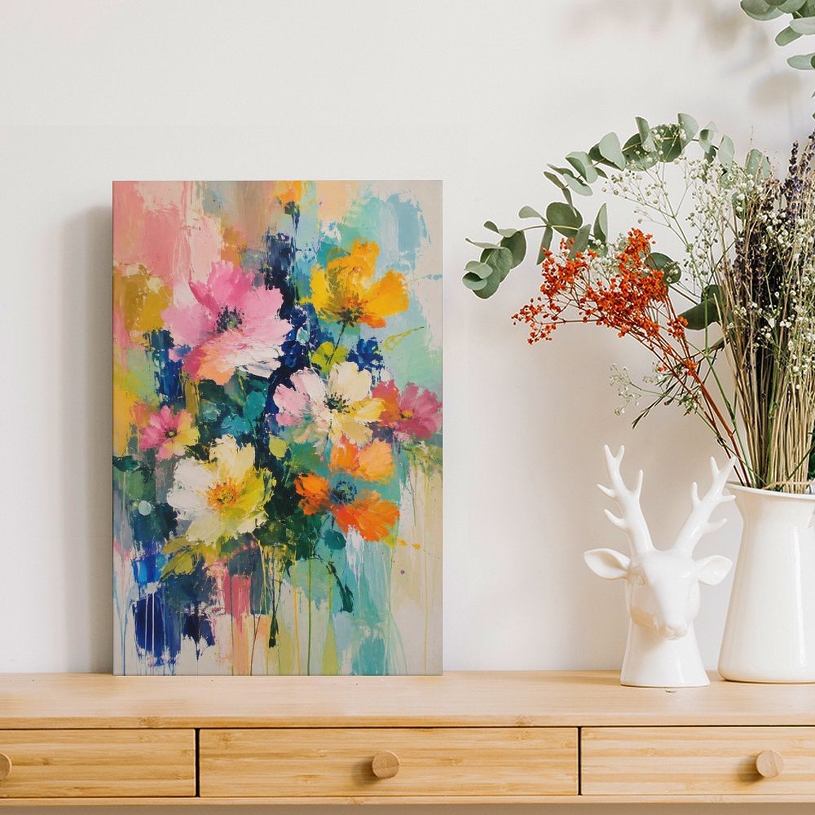 Vibrant Wildflower Bouquet Abstract Framed Canvas Wall Art | Colorful Expressionist Floral Print