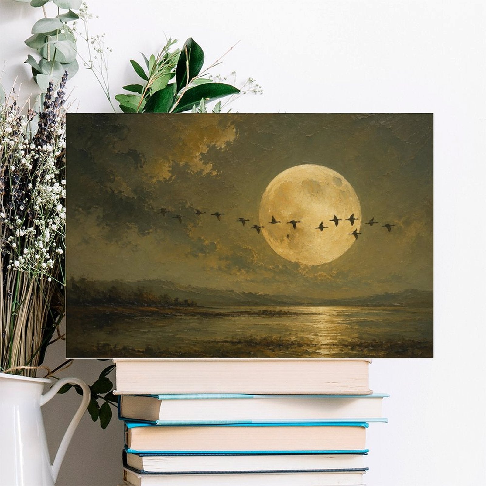 Full Moon Migrating Birds Lake Reflection Framed Canvas Wall Art | Old Master Nocturnal Landscape Print