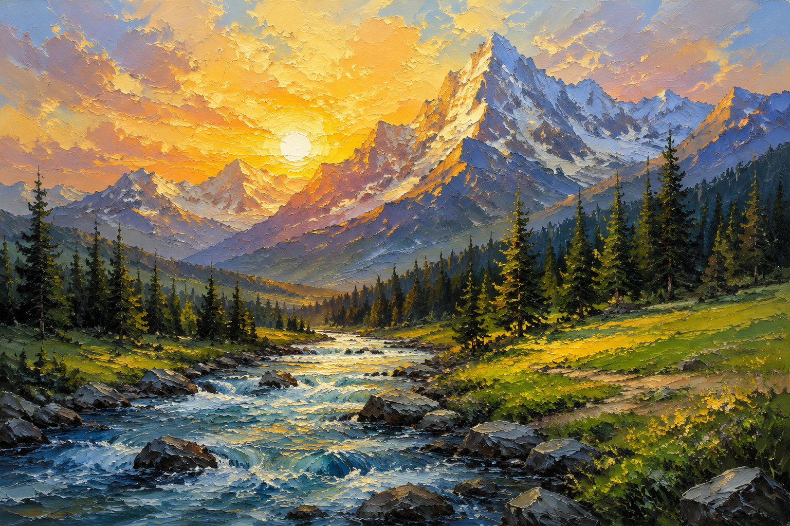 Mountain Stream Golden Sunset Framed Canvas Wall Art | Impressionist Alpine Landscape Print