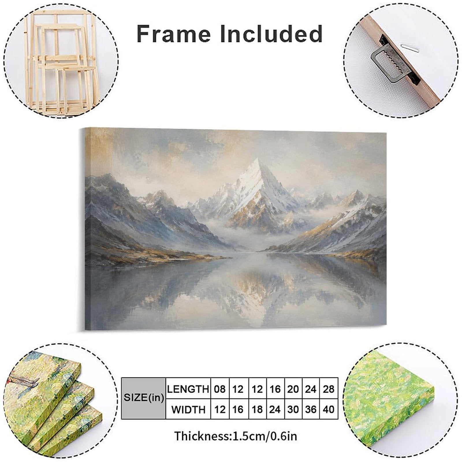 Misty Snow Mountain Lake Reflection Framed Canvas Wall Art | Nordic Minimalist Landscape Print