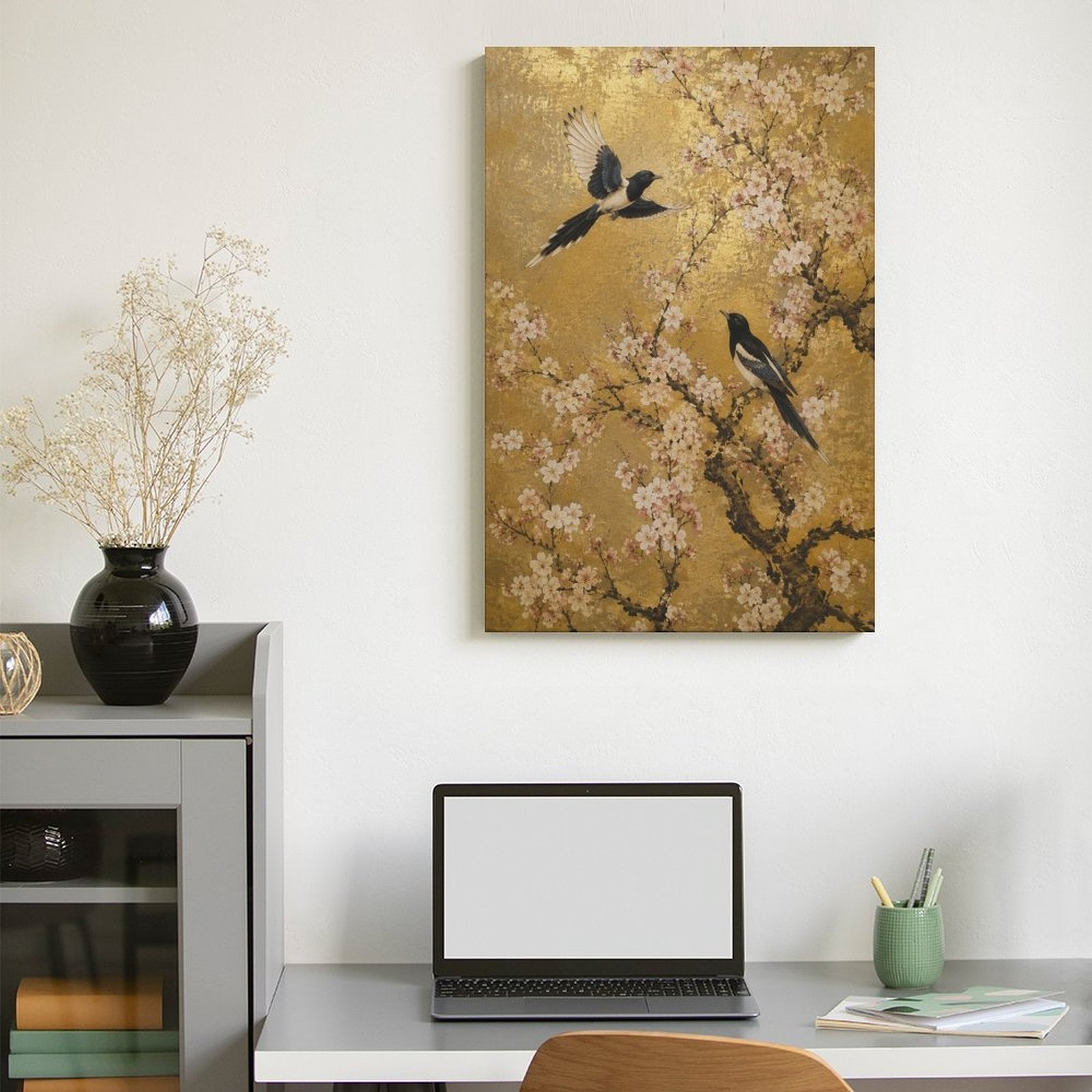 Magpies & Cherry Blossom Gold Framed Canvas Wall Art | Asian Floral Bird Print