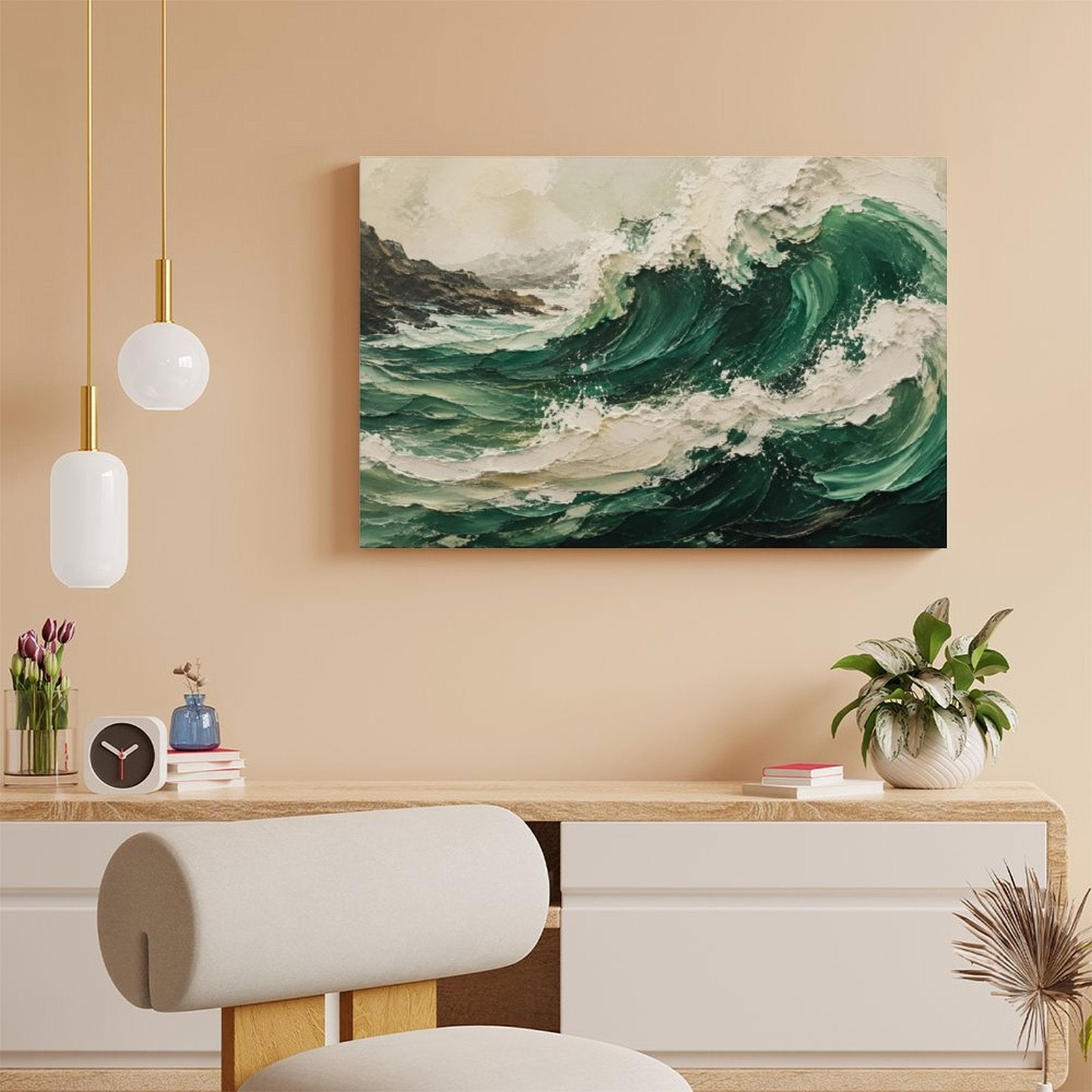 Deep Emerald Ocean Wave Textured Framed Canvas Wall Art | Vintage Coastal Seascape Print