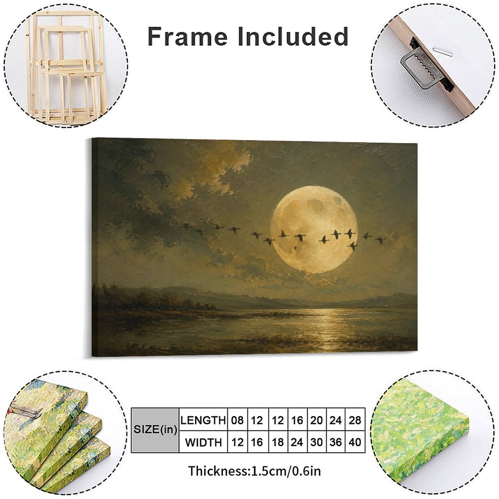Full Moon Migrating Birds Lake Reflection Framed Canvas Wall Art | Old Master Nocturnal Landscape Print
