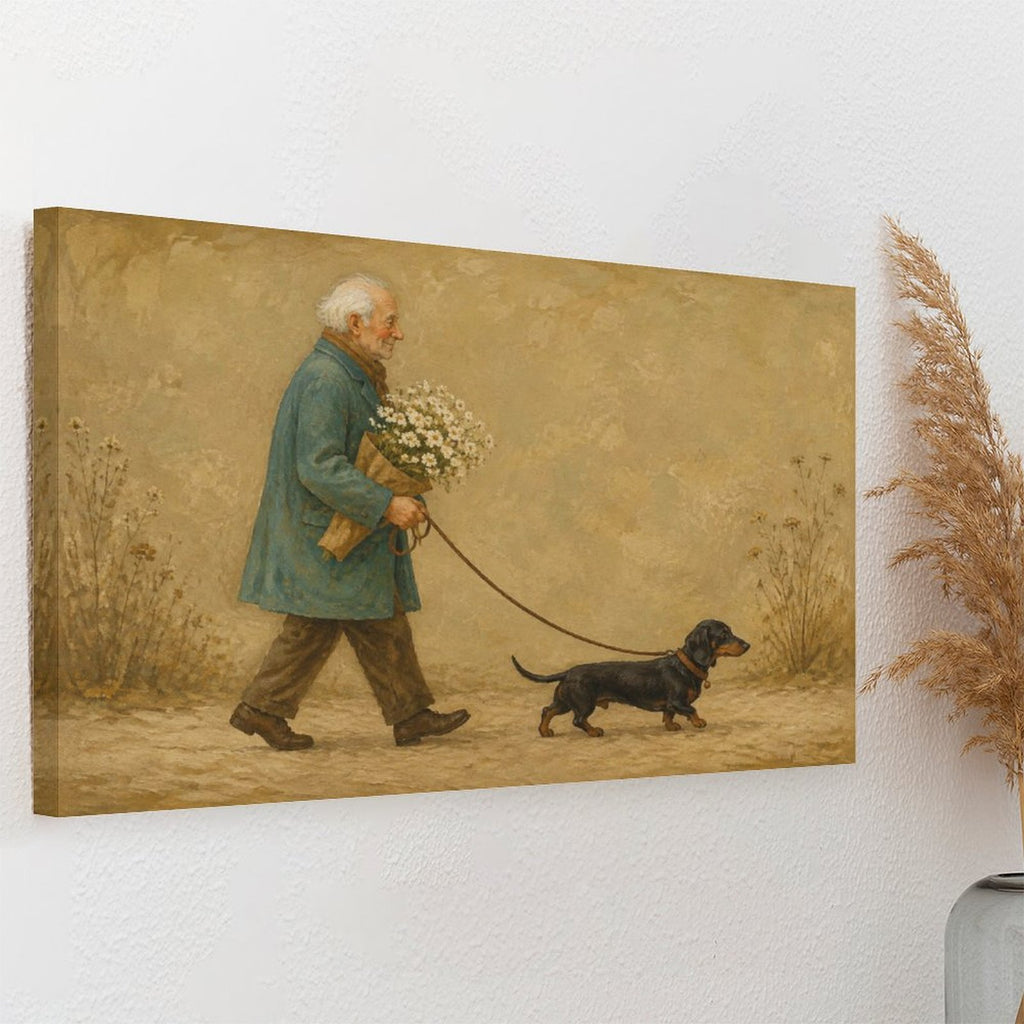 Old Man Walking Dachshund with Daisies Framed Canvas Wall Art | Vintage Heartwarming Dog Print