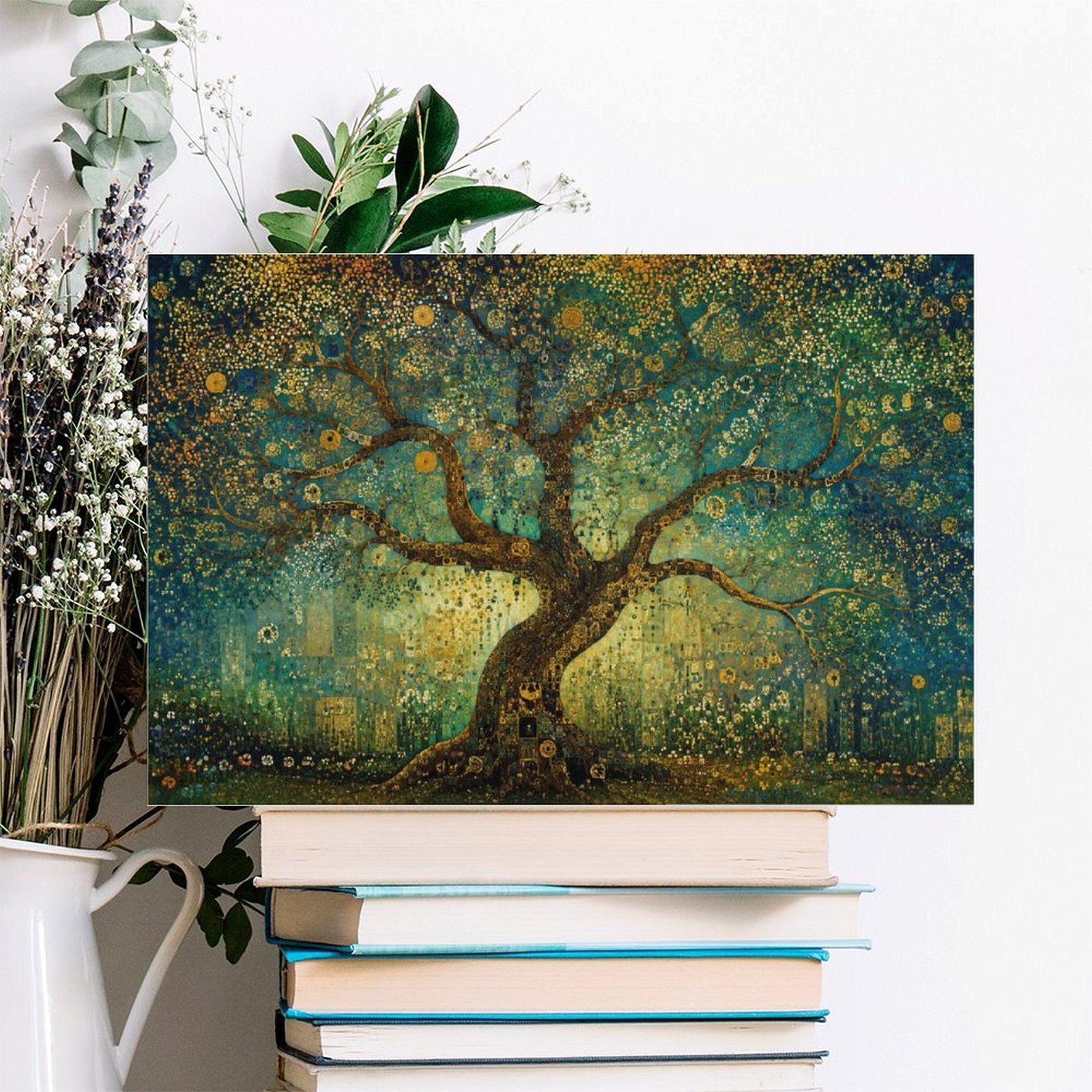 Klimt-Style Tree of Life Gold Mosaic Framed Canvas Wall Art | Art Nouveau Teal Print