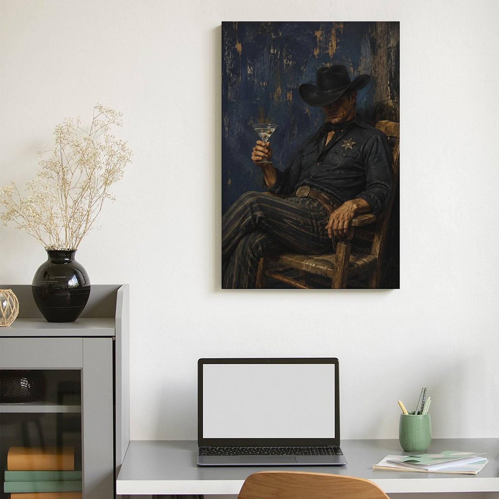 Cowboy Sheriff Martini Dark Blue Vintage Framed Canvas Wall Art | Western Noir Figurative Print