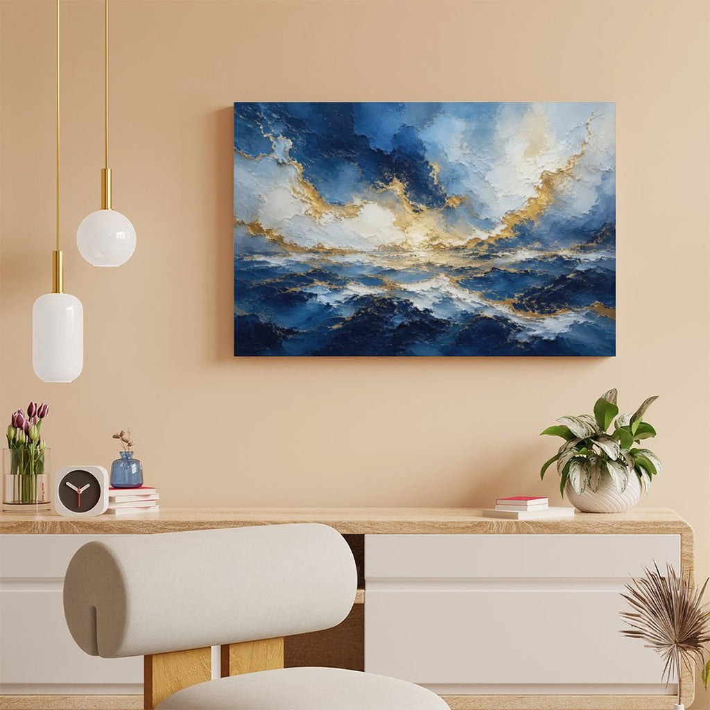 Abstract Navy Blue Gold Ocean Storm Framed Canvas Wall Art | Luxury Seascape Textured Print