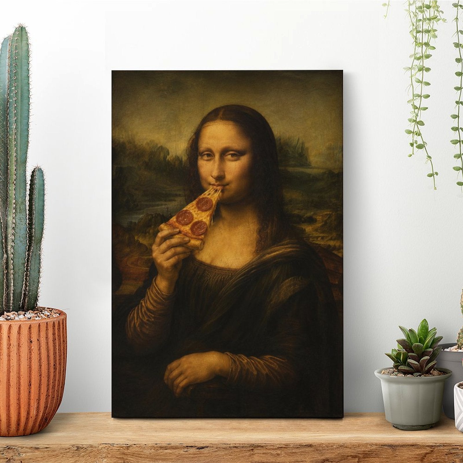 Mona Lisa Eating Pizza Funny Framed Canvas Wall Art | Humorous Pop Art Parody Print