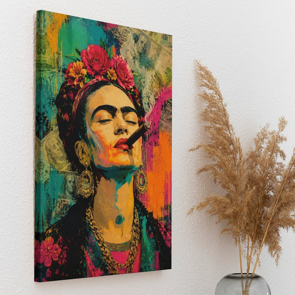 Frida-Style Pop Art Woman with Cigar Framed Canvas Wall Art | Bold Feminist Portrait Print