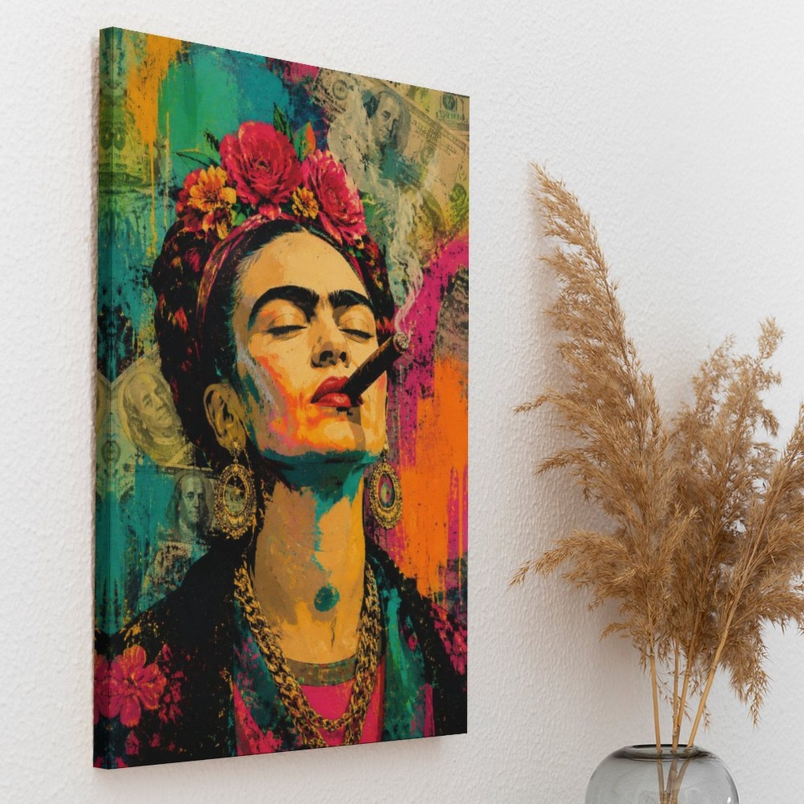 Frida-Style Pop Art Woman with Cigar Framed Canvas Wall Art | Bold Feminist Portrait Print