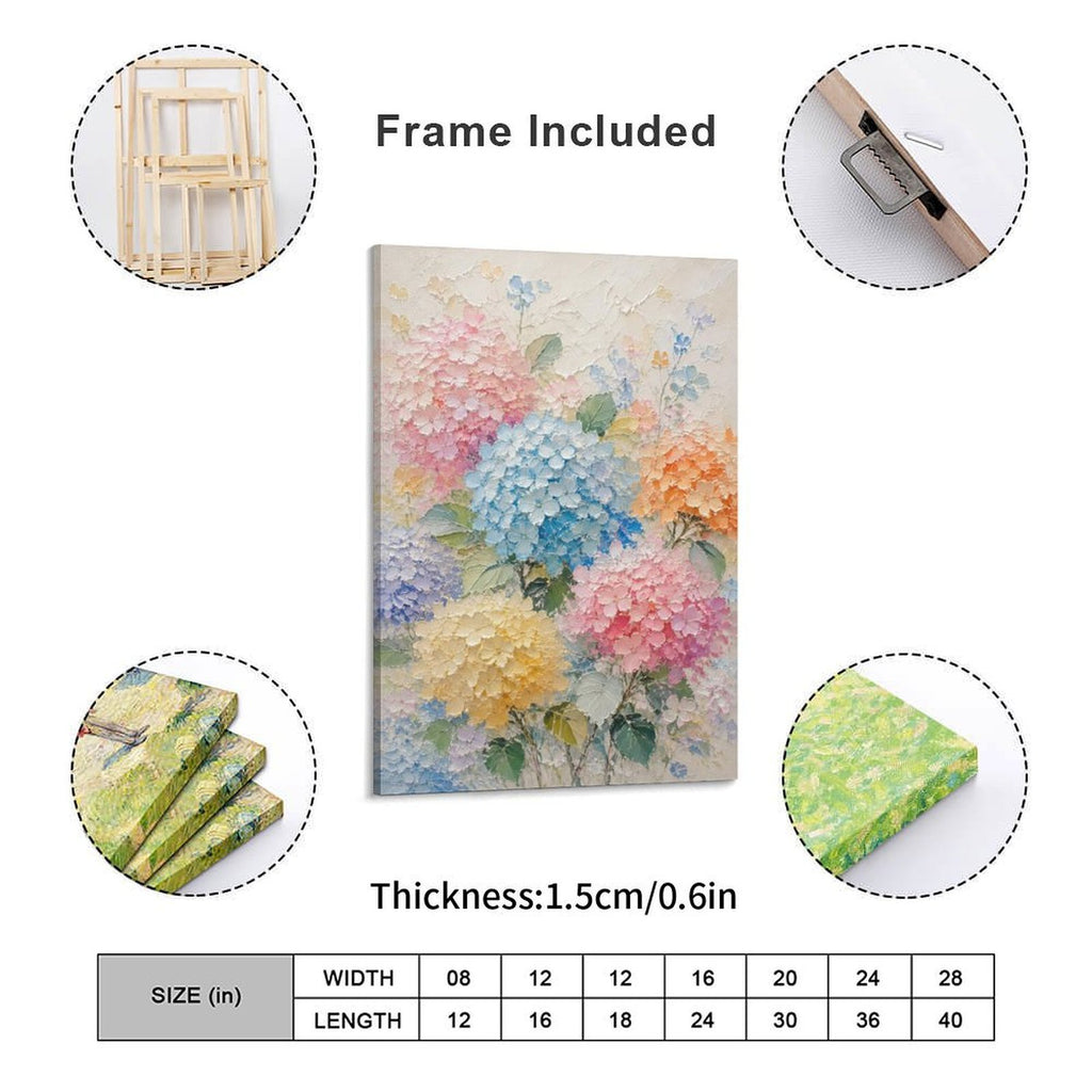 Colorful Hydrangea Garden Textured Framed Canvas Wall Art | Pastel Floral Relief Print