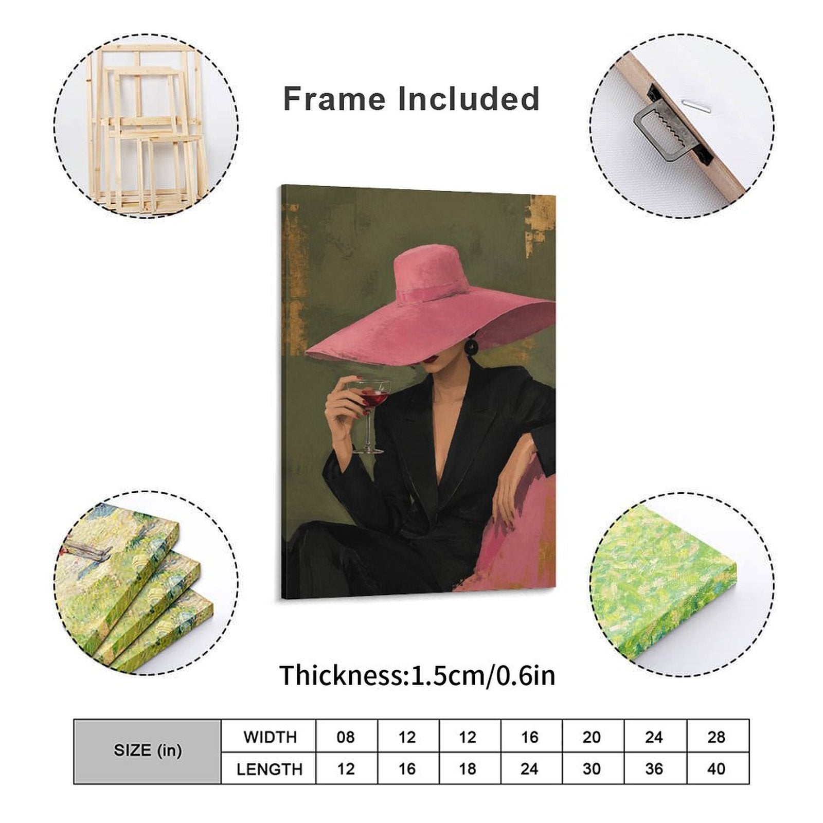 Chic Woman Pink Hat Red Wine Framed Canvas Wall Art | Vintage Fashion Figurative Print
