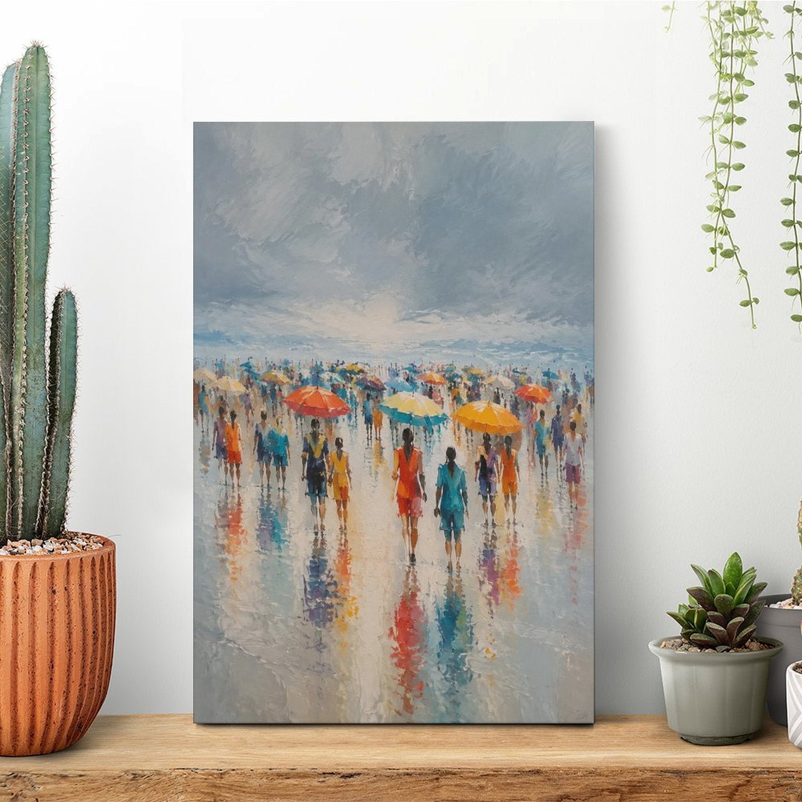 Rainy Beach Crowd Colorful Umbrellas Framed Canvas Wall Art | Impressionist Coastal Figurative Print