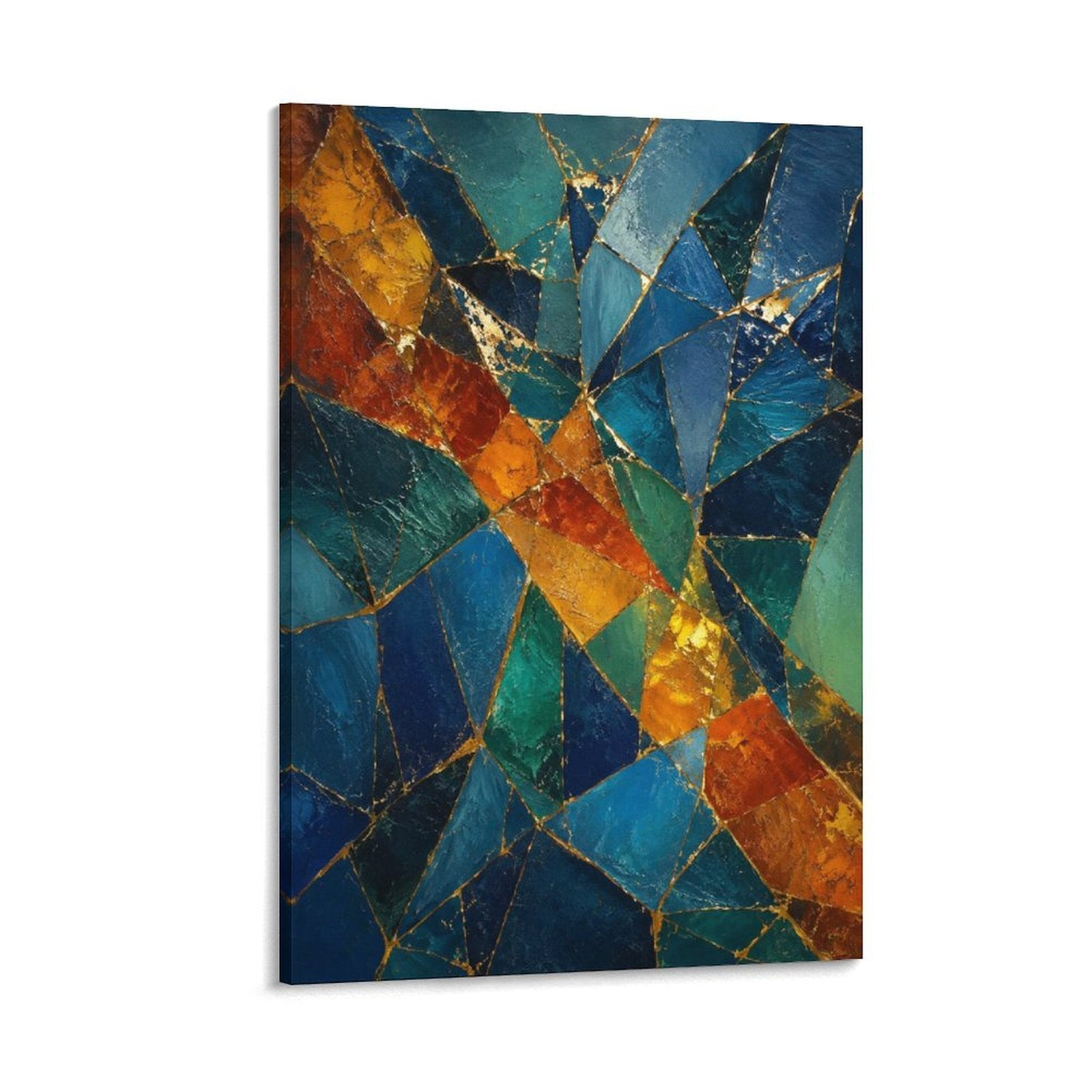 Teal Orange Gold Mosaic Stained Glass Abstract Jewel Tone Geometric Framed Canvas Wall Art