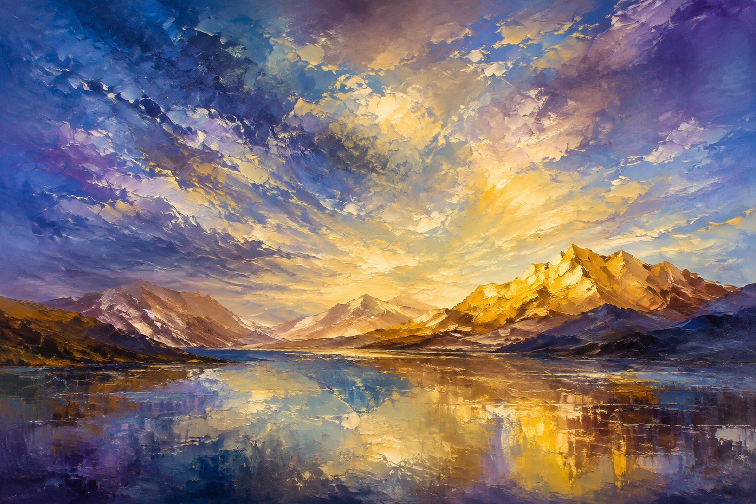 Purple Gold Dramatic Sky Mountain Lake Framed Canvas Wall Art | Impressionist Landscape Print