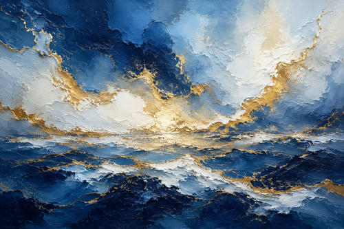 Abstract Navy Blue Gold Ocean Storm Framed Canvas Wall Art | Luxury Seascape Textured Print