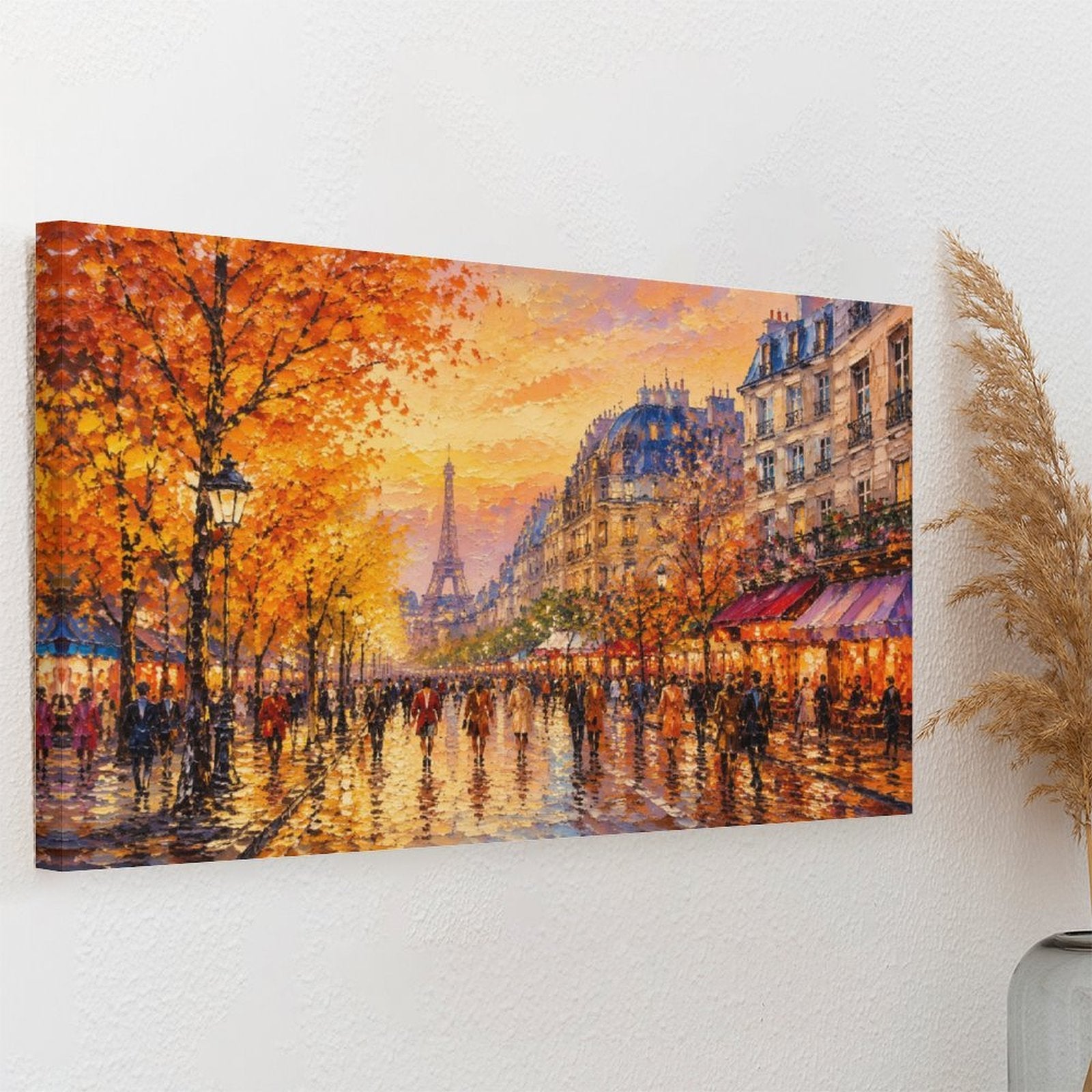 Paris Autumn Street Eiffel Tower Cafe Framed Canvas Wall Art | Impressionist French City Print