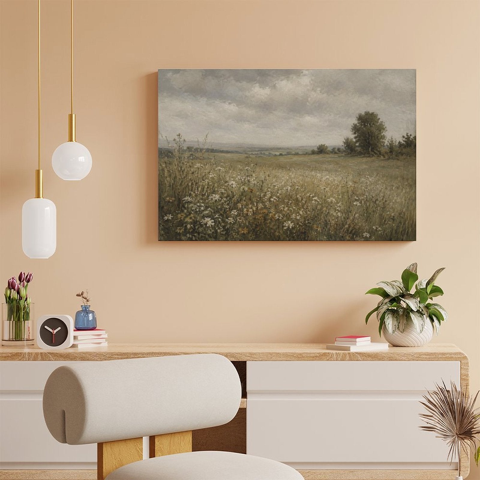 English Country Meadow Daisy Field Framed Canvas Wall Art | Vintage Moody Landscape Print