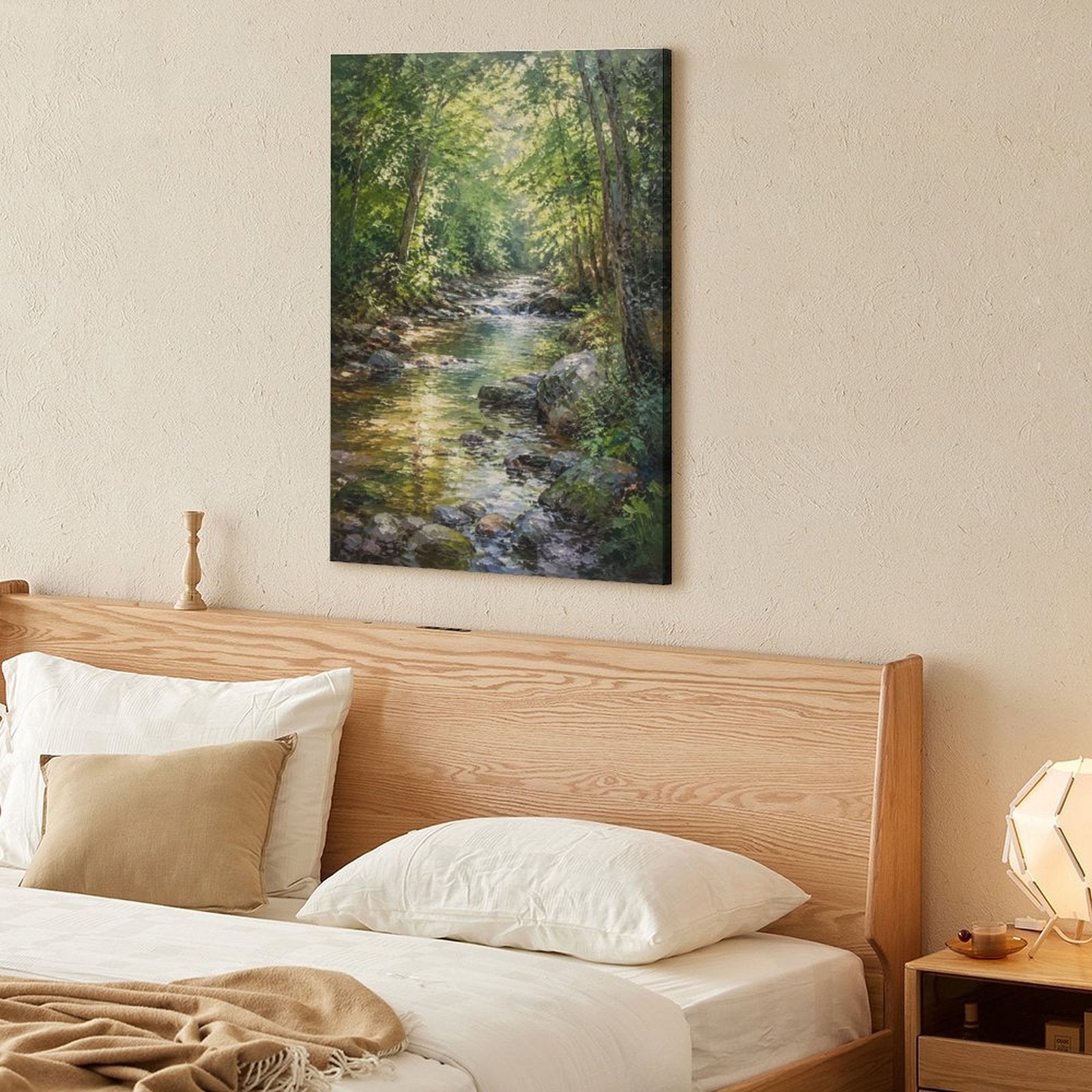 Sunlit Forest Stream Rocky Creek Framed Canvas Wall Art | Realist Nature Landscape Print