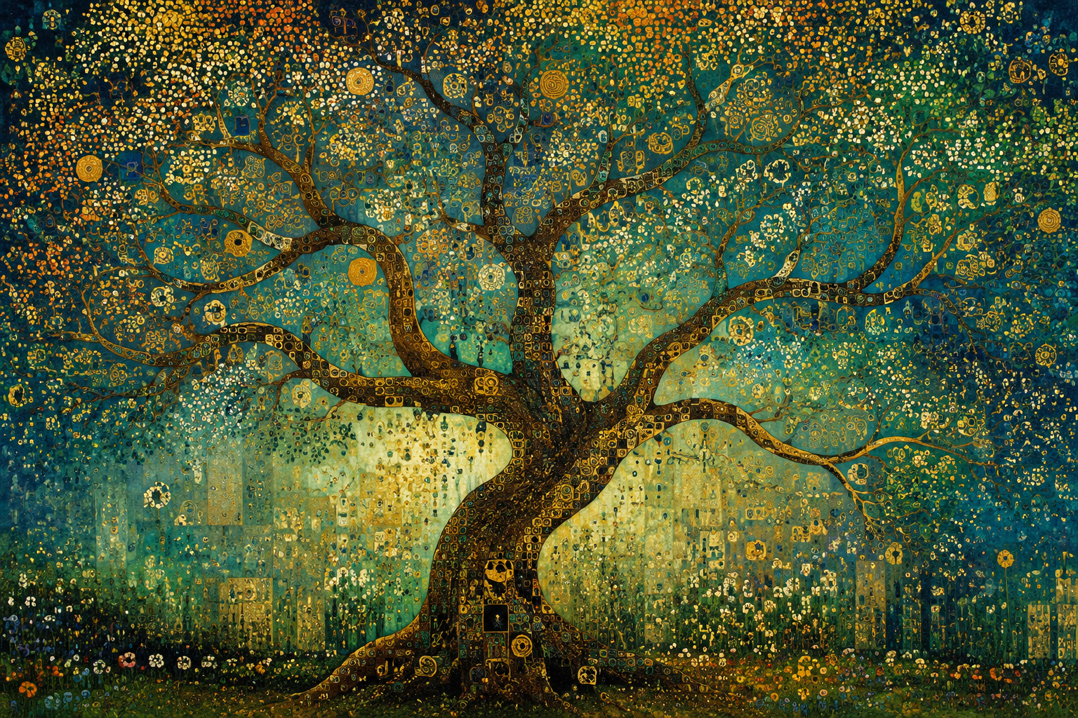 Klimt-Style Tree of Life Gold Mosaic Framed Canvas Wall Art | Art Nouveau Teal Print