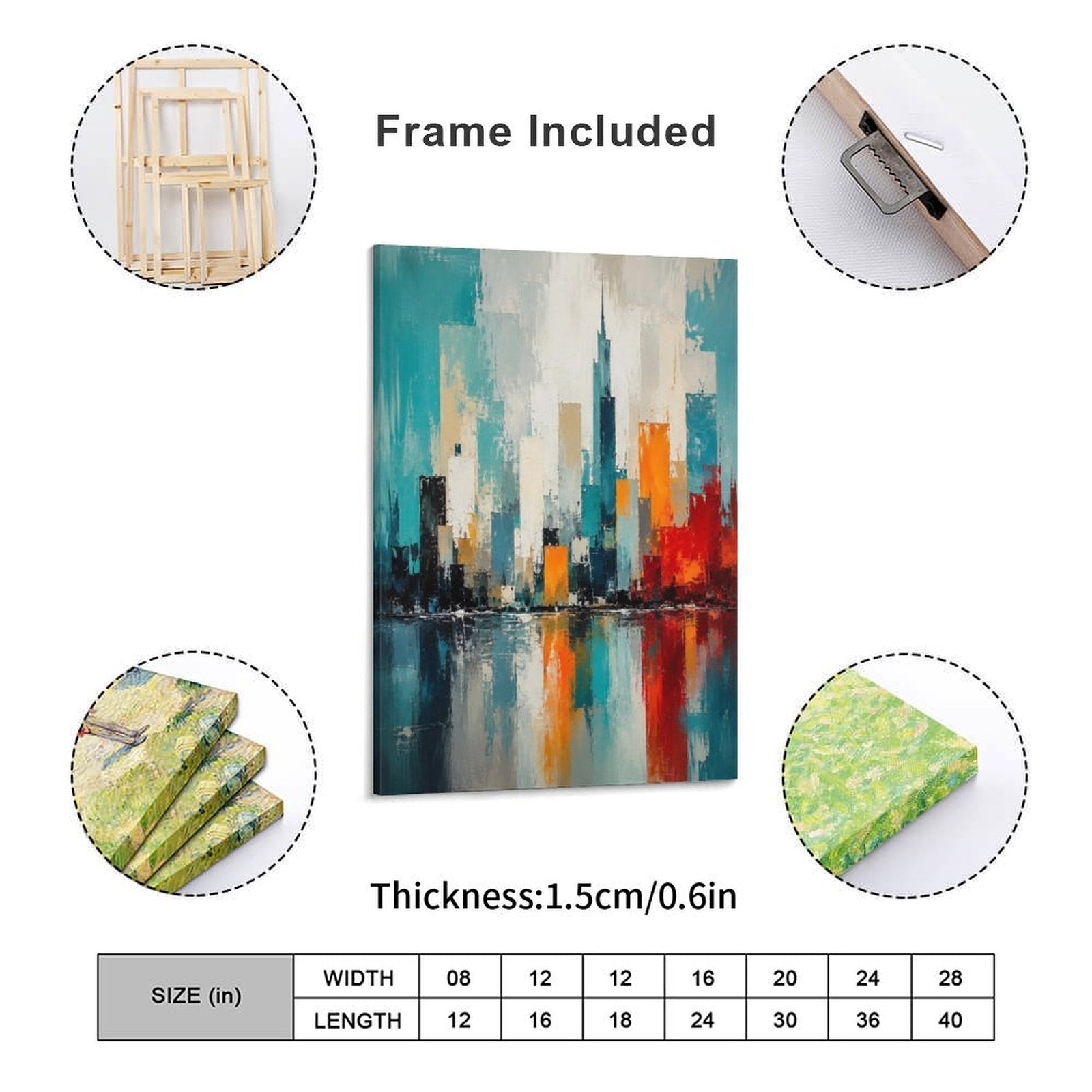 Abstract City Skyline Teal Orange Framed Canvas Wall Art | Modern Urban Palette Knife Print