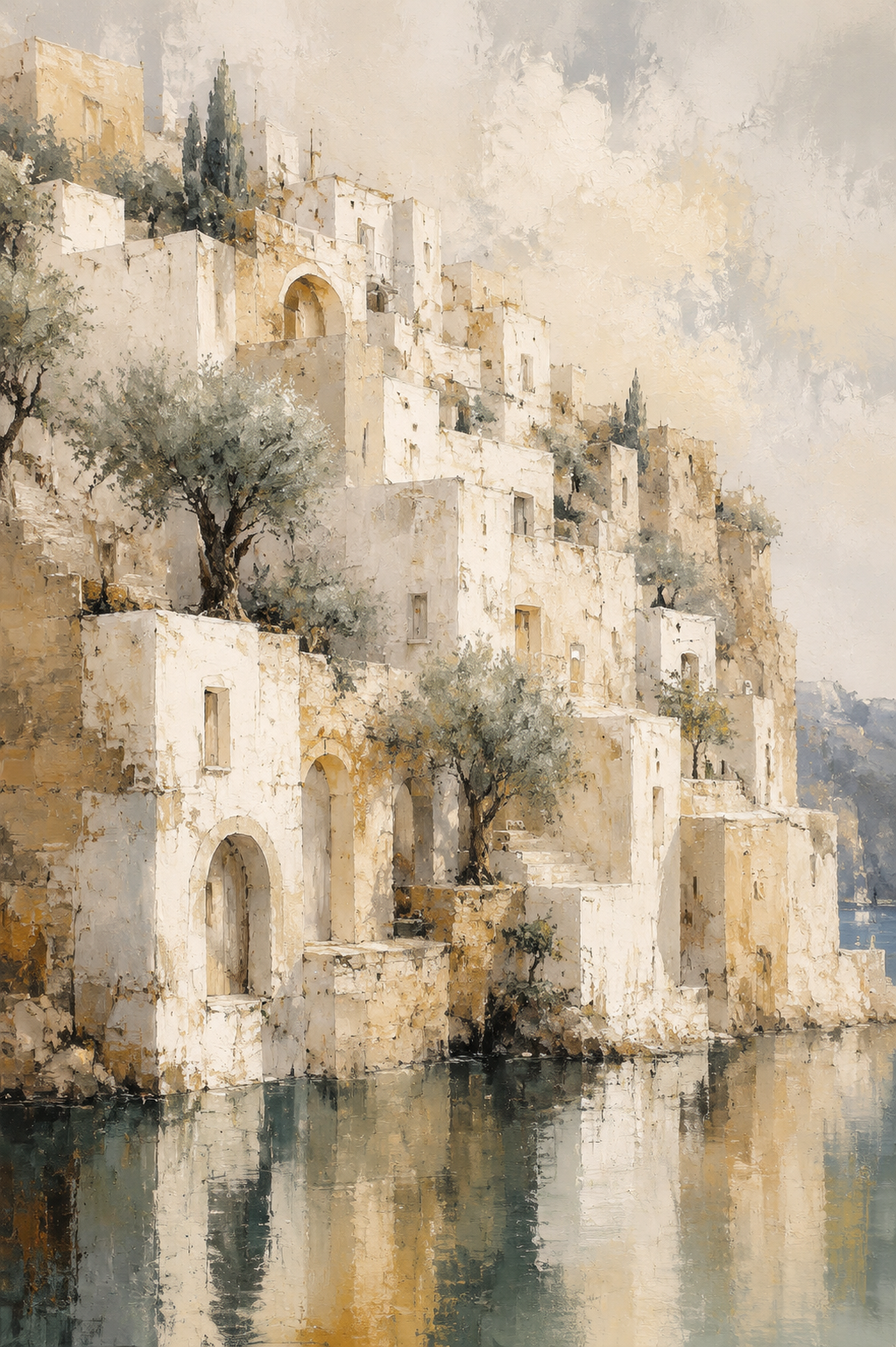 Mediterranean Waterfront Village Framed Canvas Wall Art | Vintage Watercolor Architecture Print