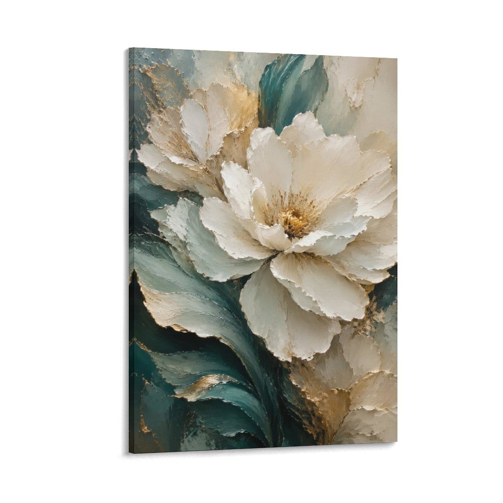 Cream White Peony Gold Botanical Teal Green Floral Textured Framed Canvas Wall Art