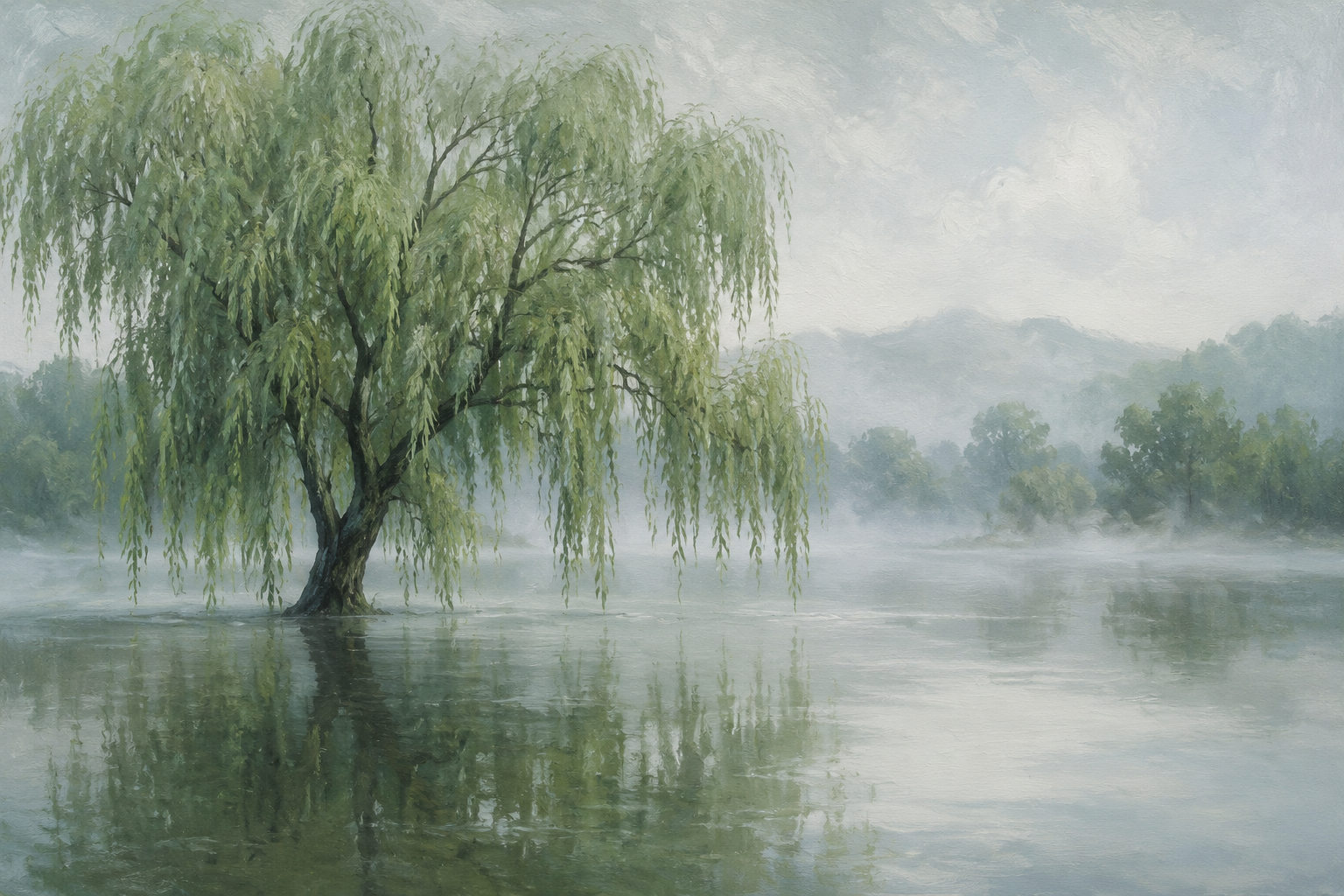 Misty Willow Tree Lake Reflection Framed Canvas Wall Art | Serene Chinese Landscape Print