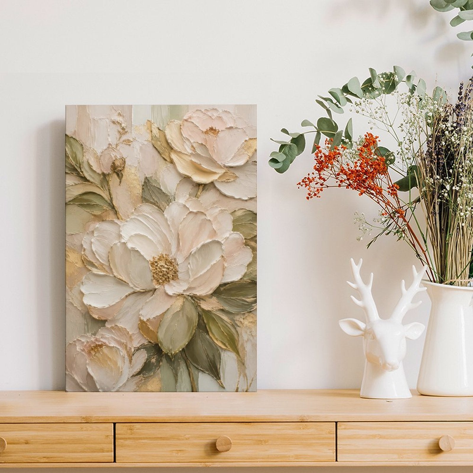 Cream Gold Peony Textured Framed Canvas Wall Art | Luxury Floral Relief Print