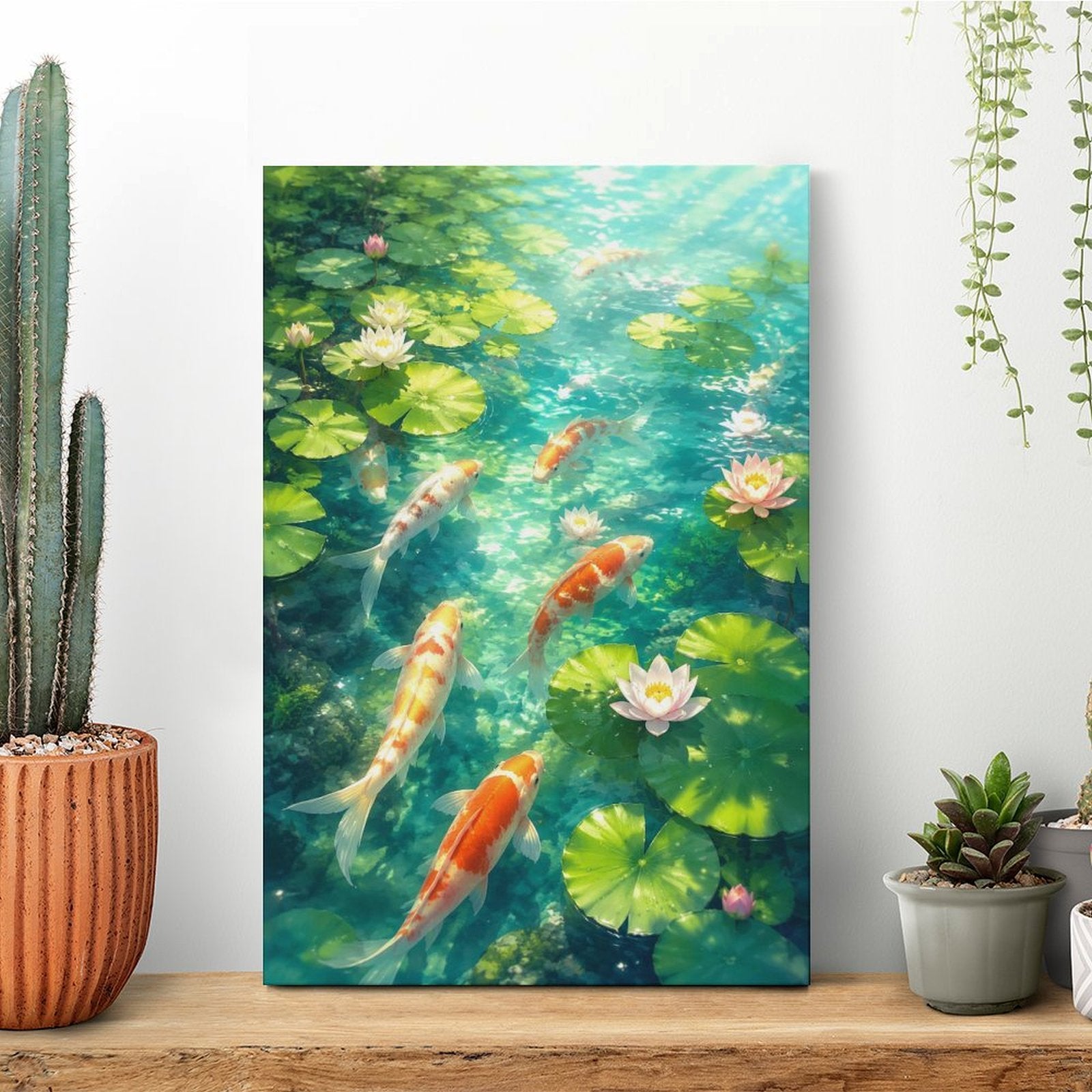 Koi Fish Lotus Pond Framed Canvas Wall Art | Japanese Zen Garden Nature Print