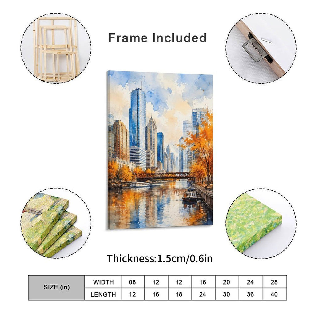 Chicago River Autumn Skyline Watercolor Framed Canvas Wall Art | Impressionist City Print