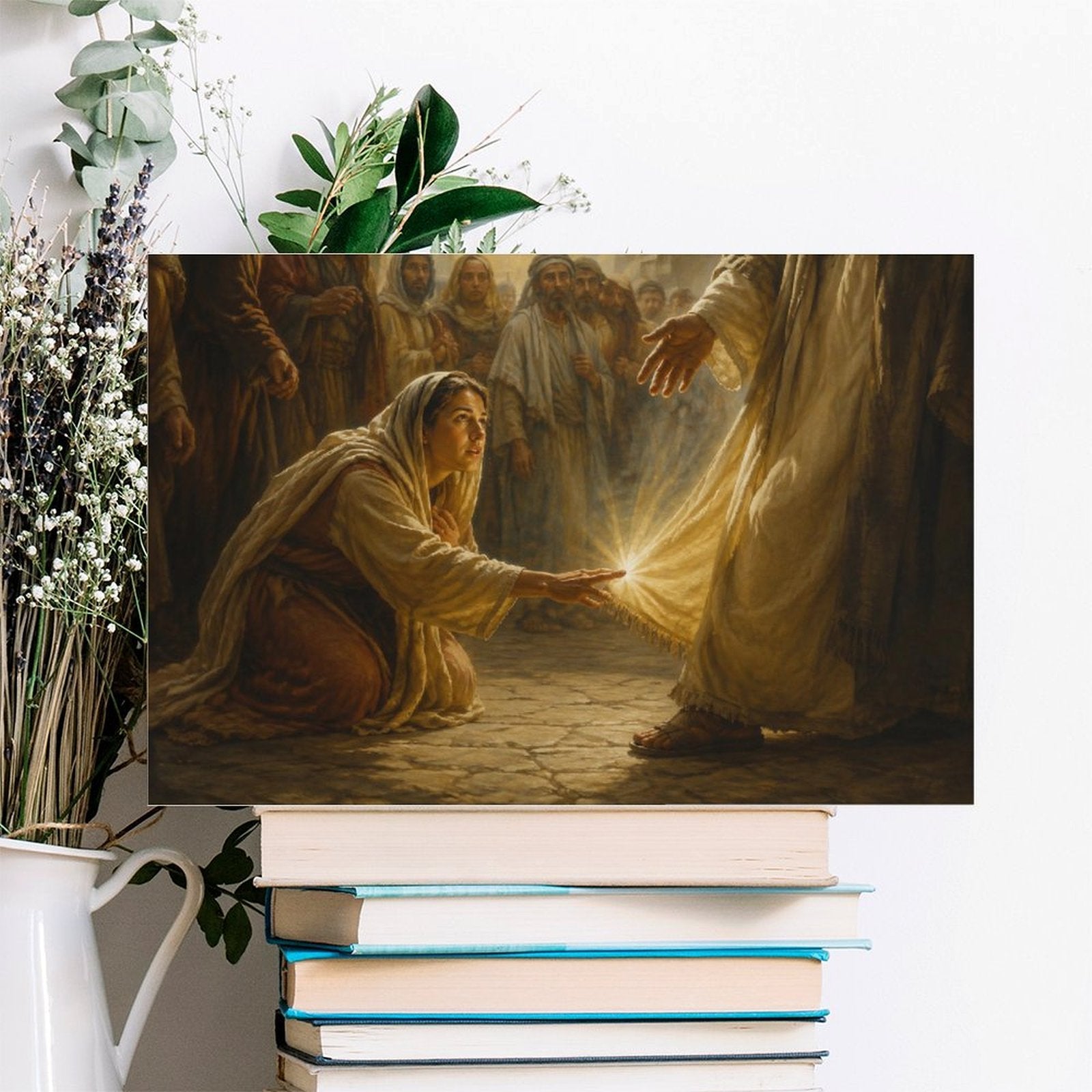 Woman Touching Jesus Robe Healing Miracle Framed Canvas Wall Art | Classical Religious Print