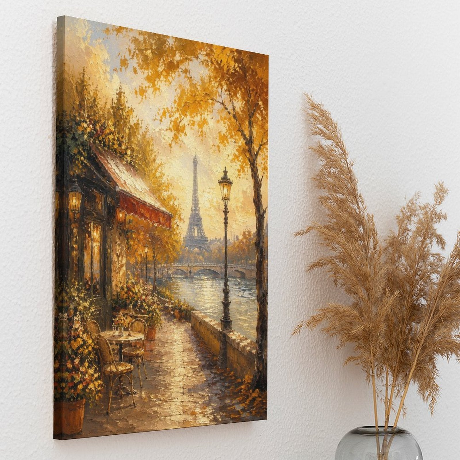 Paris Seine River Autumn Cafe Eiffel Tower Framed Canvas Wall Art | Romantic Impressionist Print