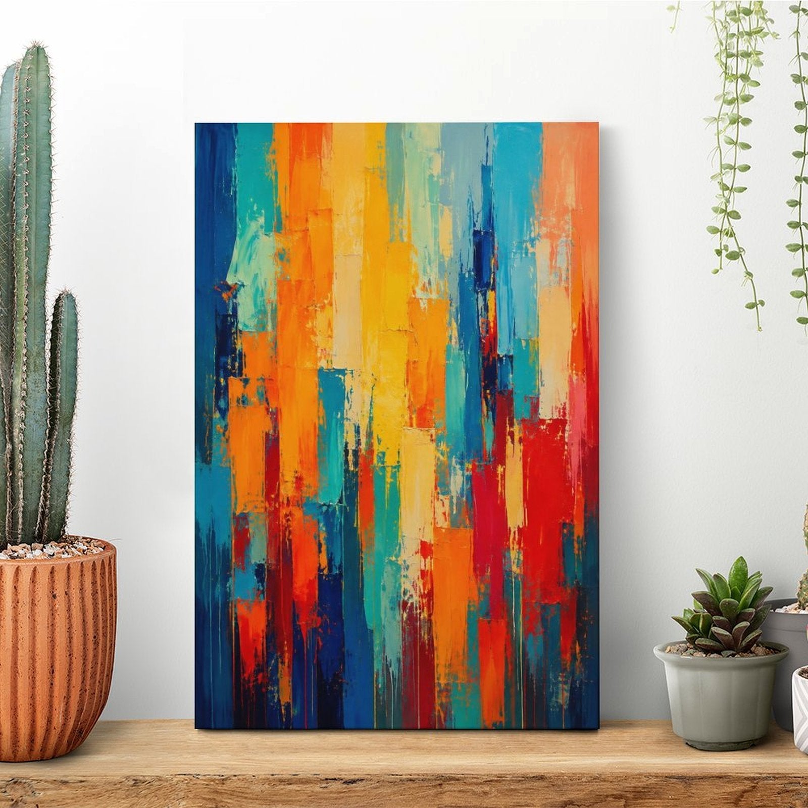 Bold Vertical Color Block Abstract Framed Canvas Wall Art | Navy Orange Red Teal Expressionist Print