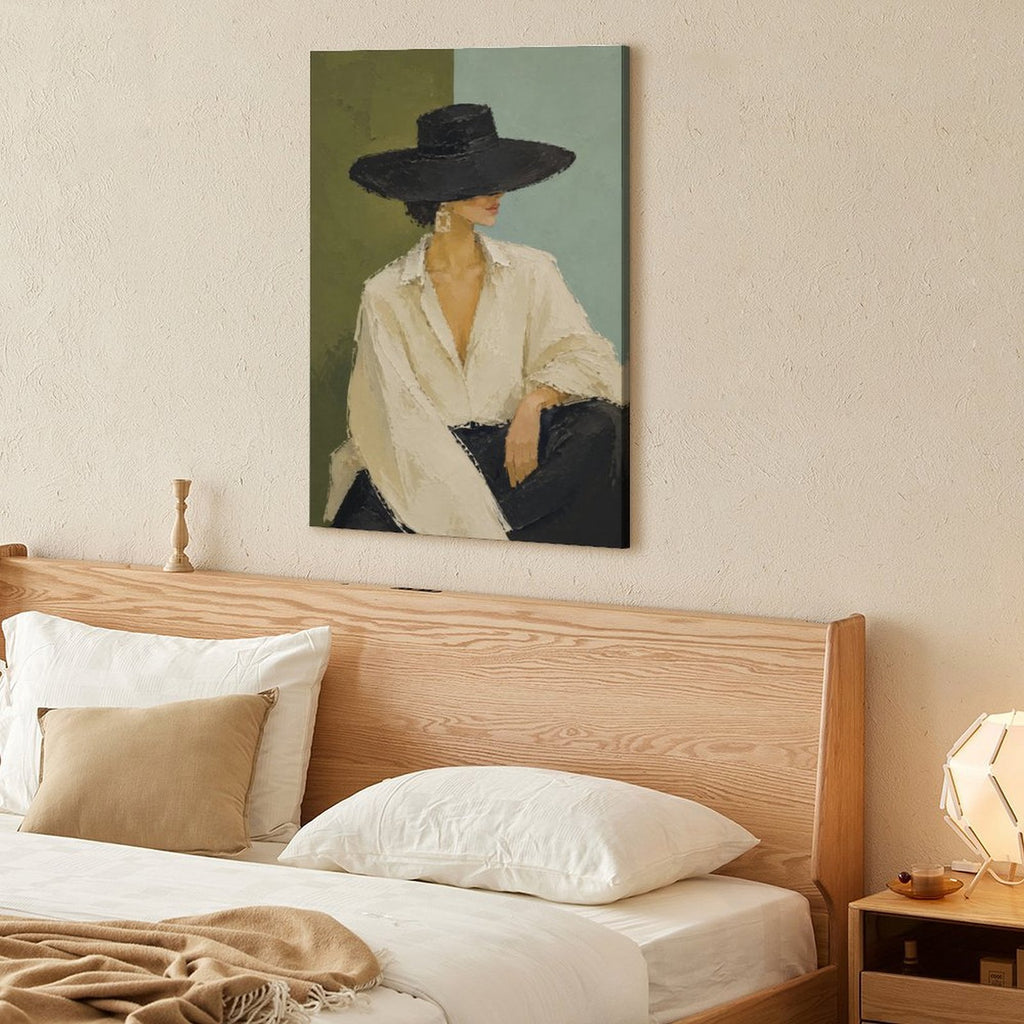 Minimalist Woman Black Hat White Shirt Framed Canvas Wall Art | Modern Fashion Portrait Print