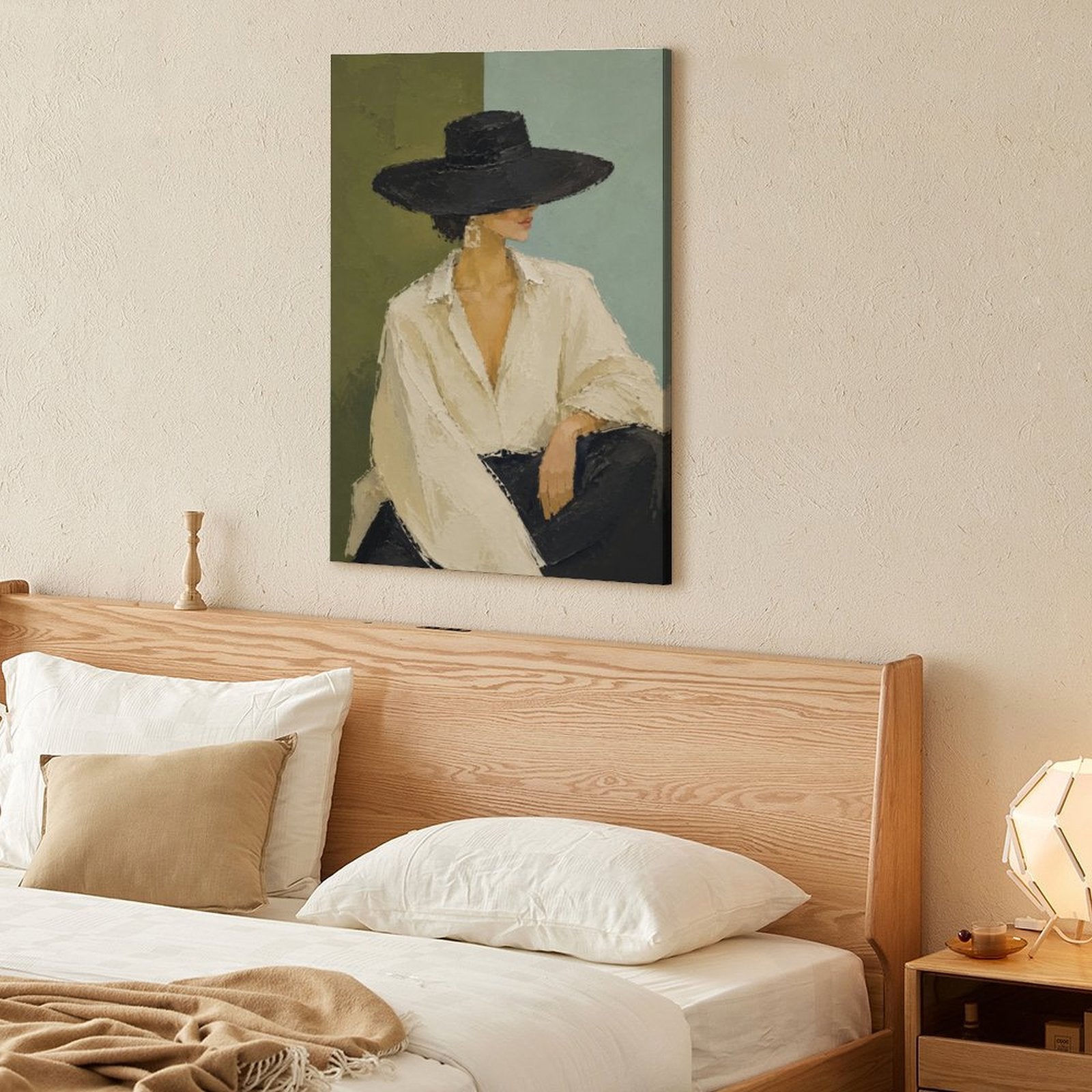 Minimalist Woman Black Hat White Shirt Framed Canvas Wall Art | Modern Fashion Portrait Print